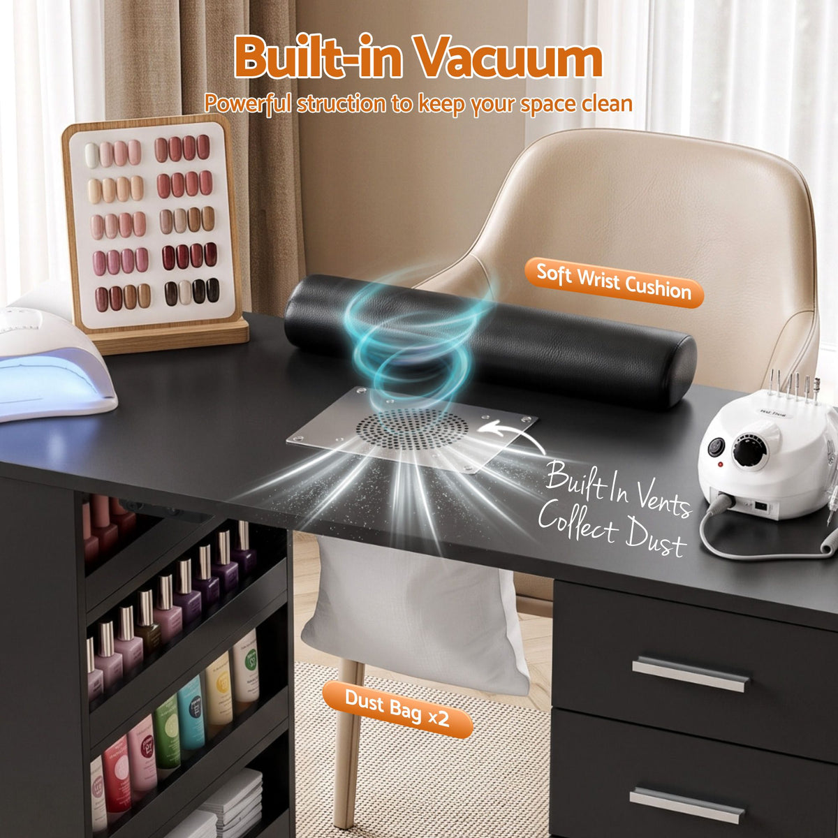 Artiss Manicure Table Nail Desk Dust Collector Shelves Wrist Cushion Black