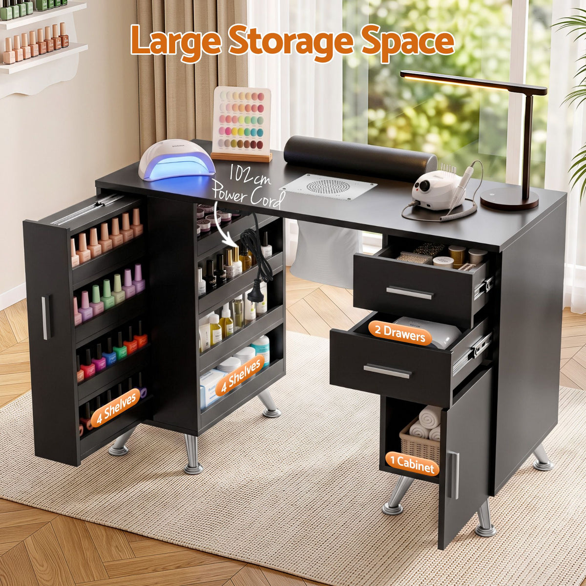 Artiss Manicure Table Nail Desk Dust Collector Shelves Wrist Cushion Black