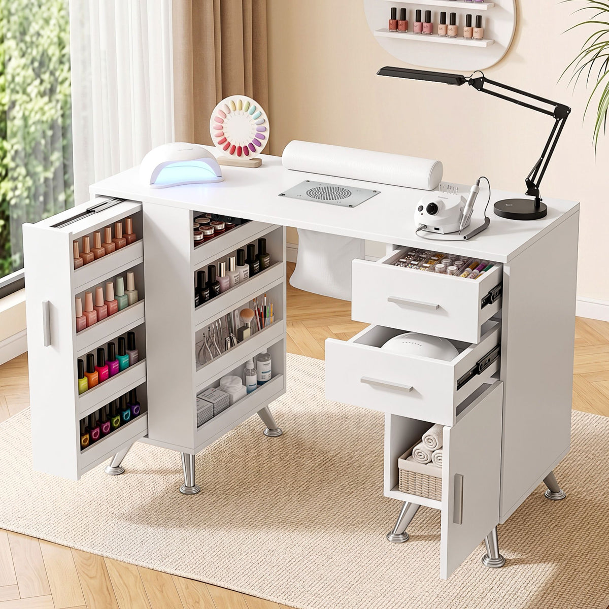 Artiss Manicure Table Nail Desk Dust Collector Shelves Wrist Cushion White