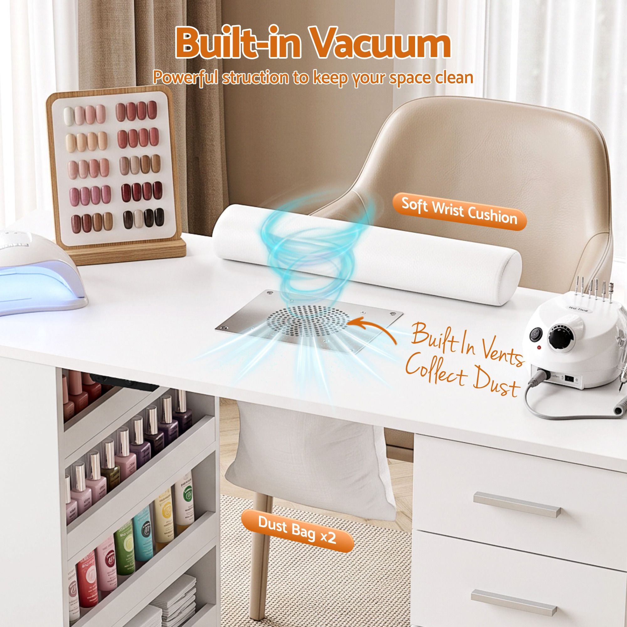 Artiss Manicure Table Nail Desk Dust Collector Shelves Wrist Cushion White