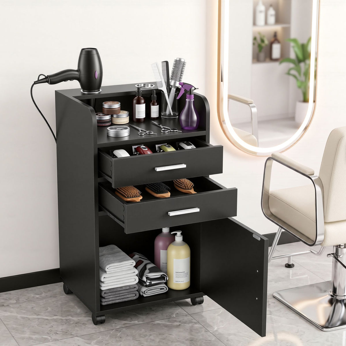 Artiss Salon Station Rolling Cart Hair Styling Cabinet 2 Drawers 2 Holders Black