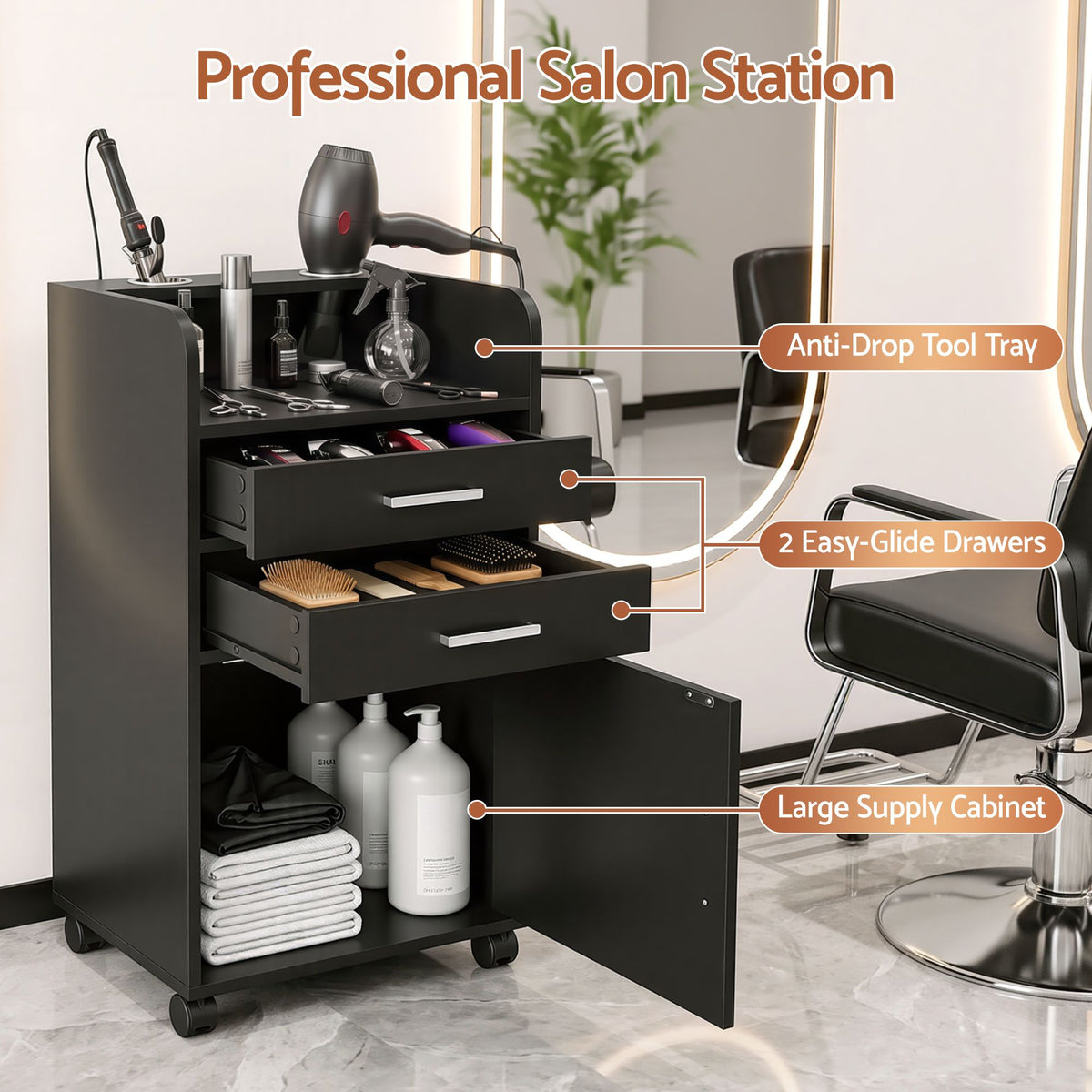 Artiss Salon Station Rolling Cart Hair Styling Cabinet 2 Drawers 2 Holders Black