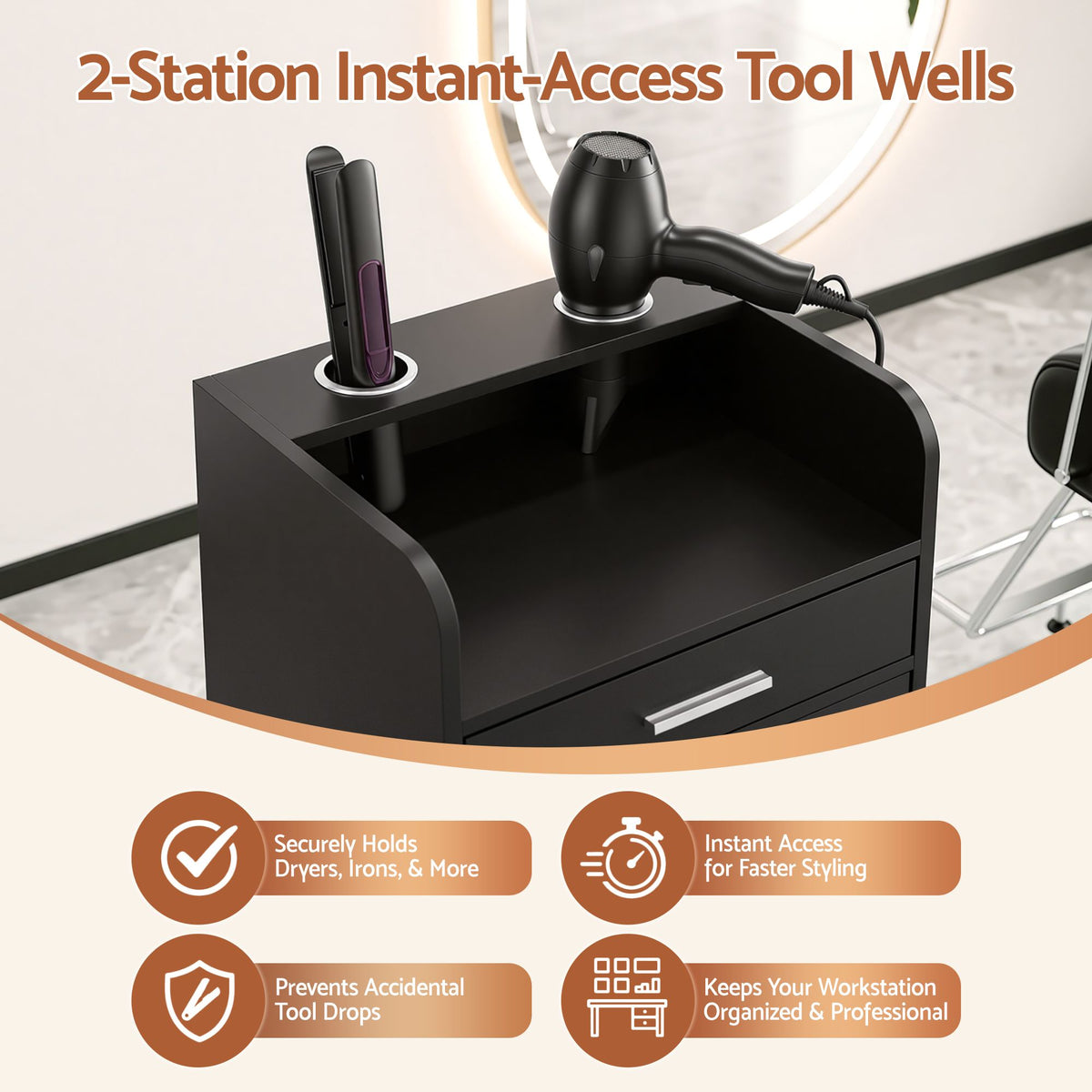Artiss Salon Station Rolling Cart Hair Styling Cabinet 2 Drawers 2 Holders Black