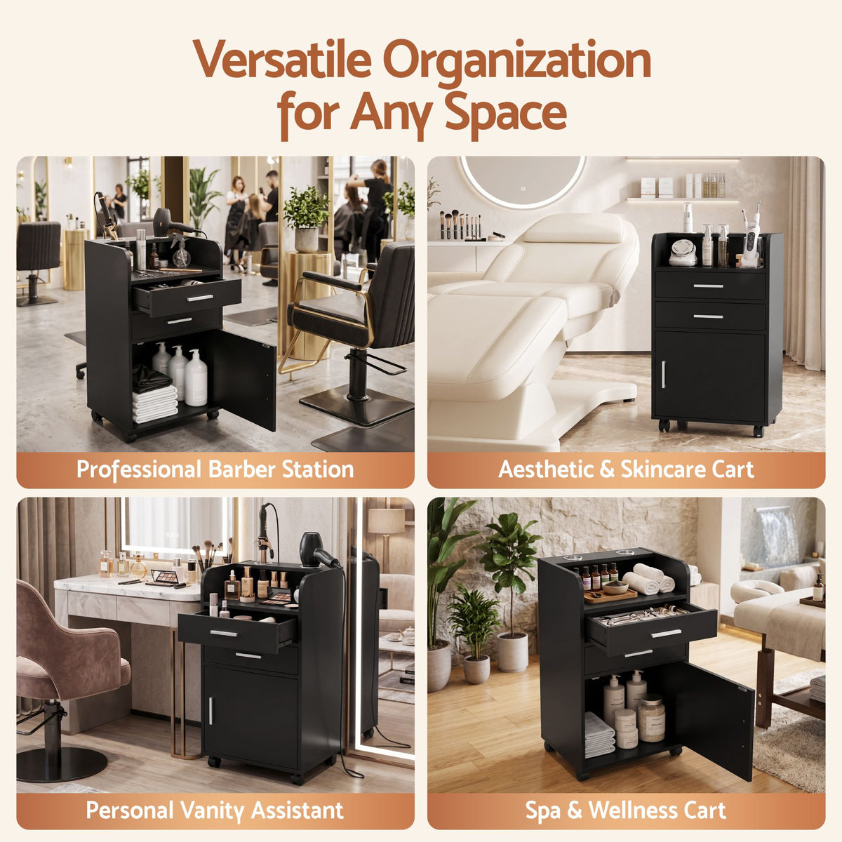 Artiss Salon Station Rolling Cart Hair Styling Cabinet 2 Drawers 2 Holders Black