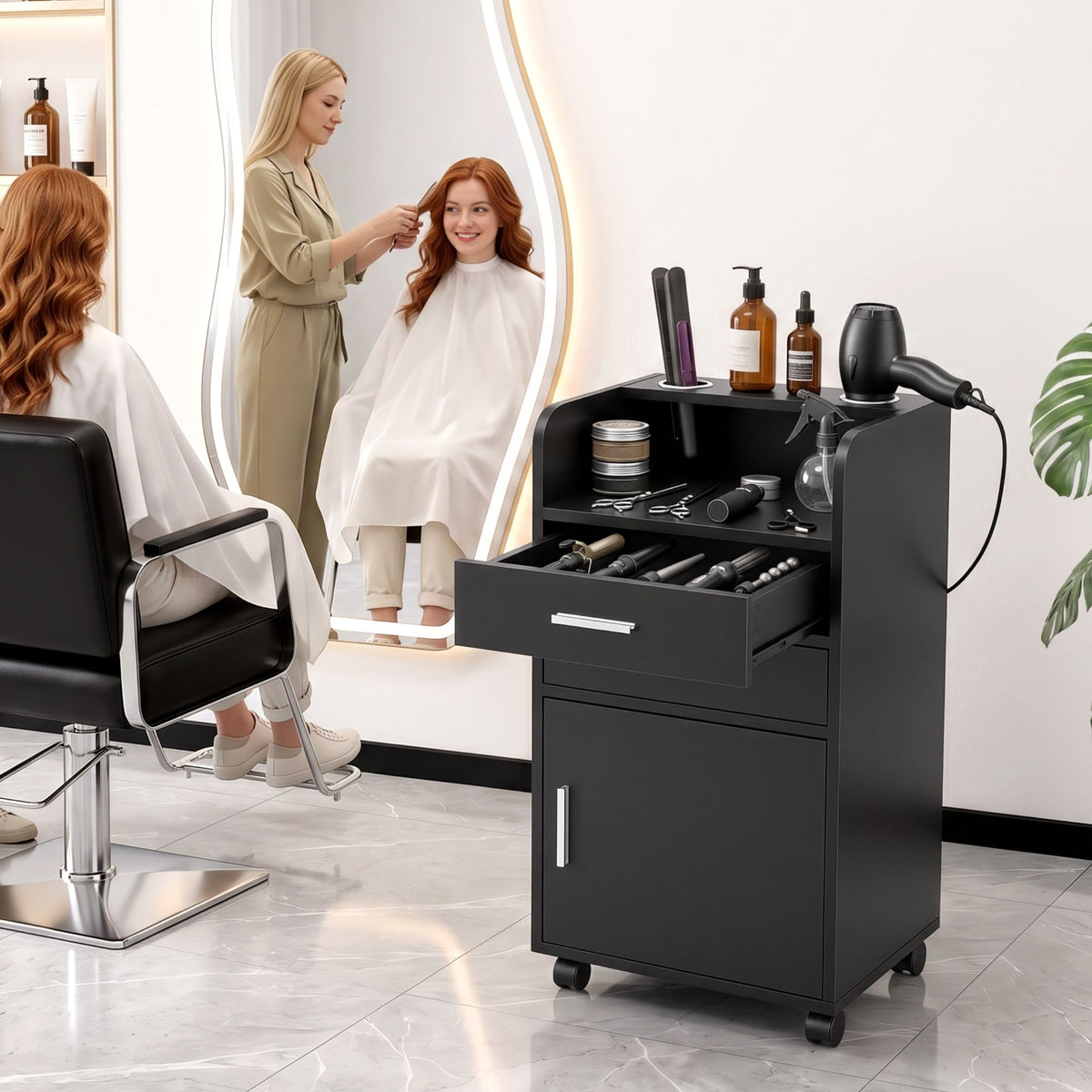 Artiss Salon Station Rolling Cart Hair Styling Cabinet 2 Drawers 2 Holders Black