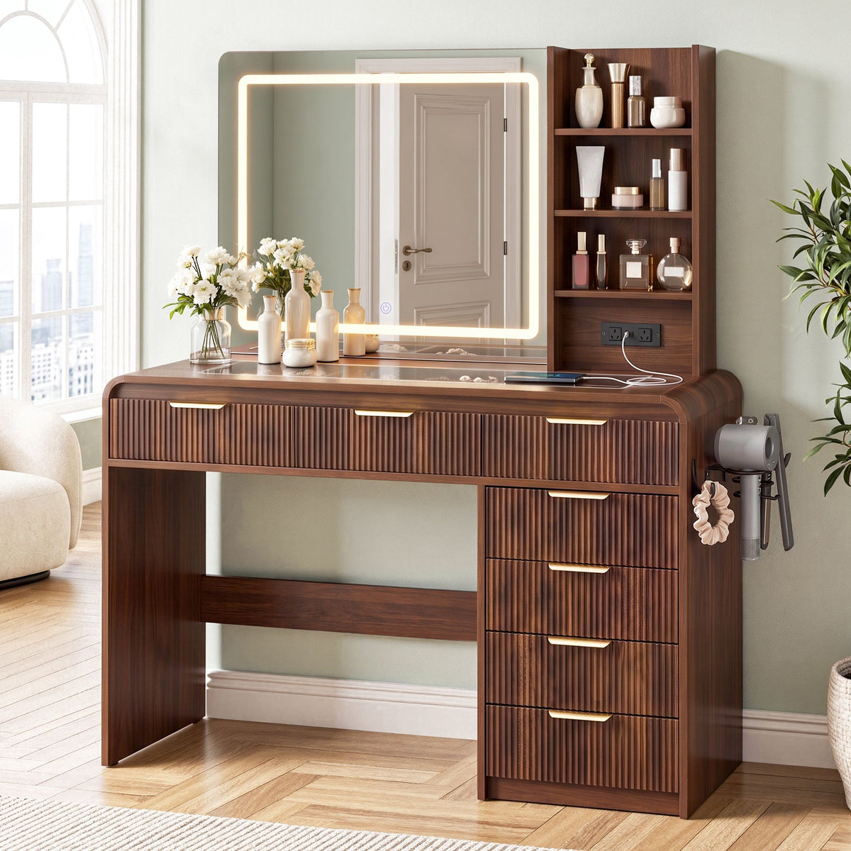Artiss Dressing Table Vanity Desk LED Mirror Glass Top 7 Drawers 120cm Walnut