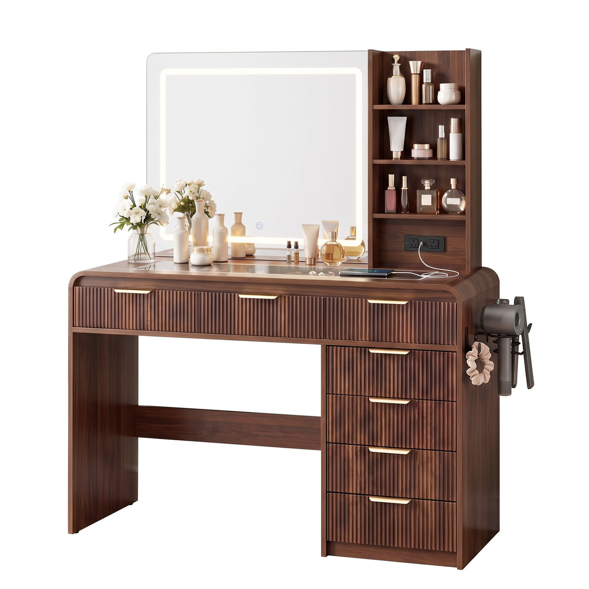 Artiss Dressing Table Vanity Desk LED Mirror Glass Top 7 Drawers 120cm Walnut