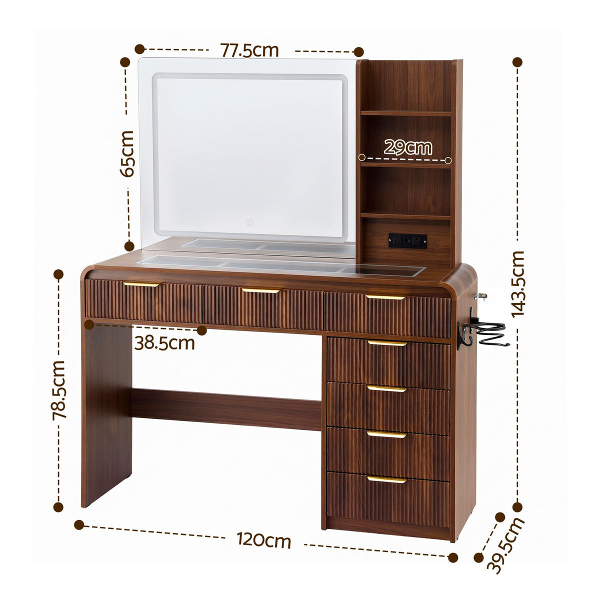 Artiss Dressing Table Vanity Desk LED Mirror Glass Top 7 Drawers 120cm Walnut