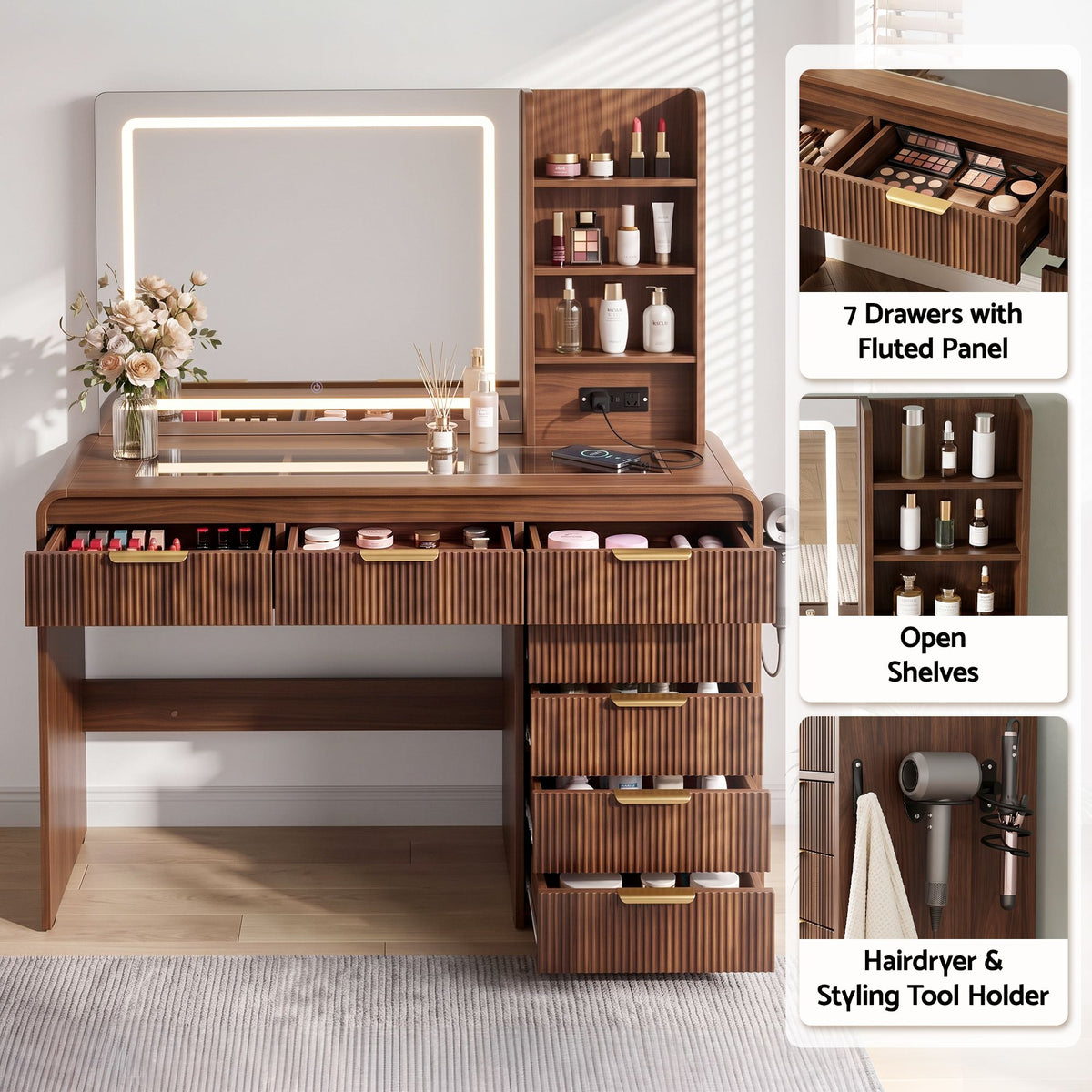 Artiss Dressing Table Vanity Desk LED Mirror Glass Top 7 Drawers 120cm Walnut