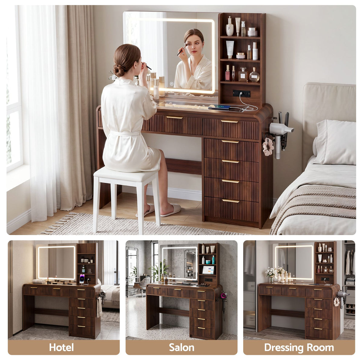 Artiss Dressing Table Vanity Desk LED Mirror Glass Top 7 Drawers 120cm Walnut