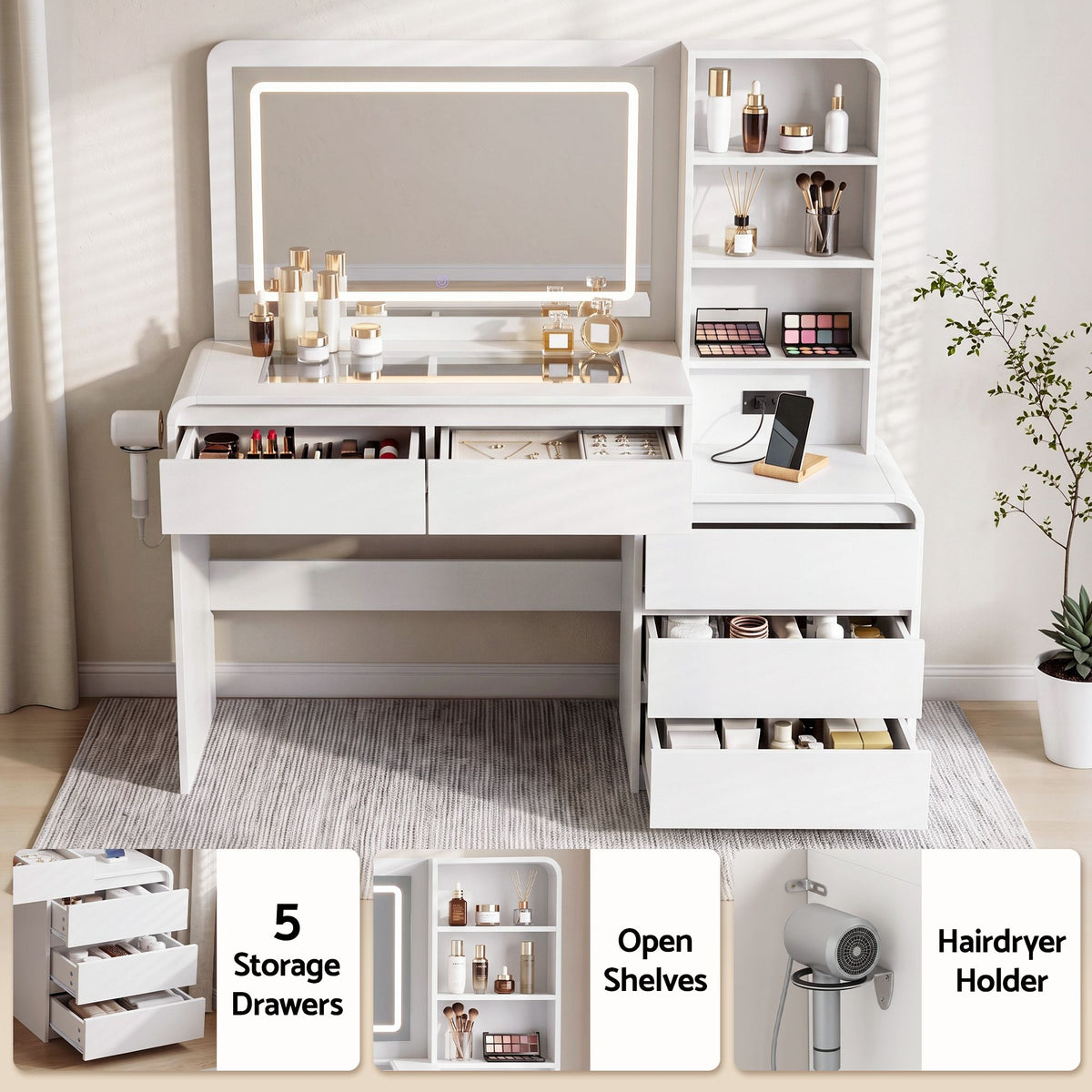 Artiss Dressing Table Makeup Vanity Desk LED Mirror Drawers Charging White