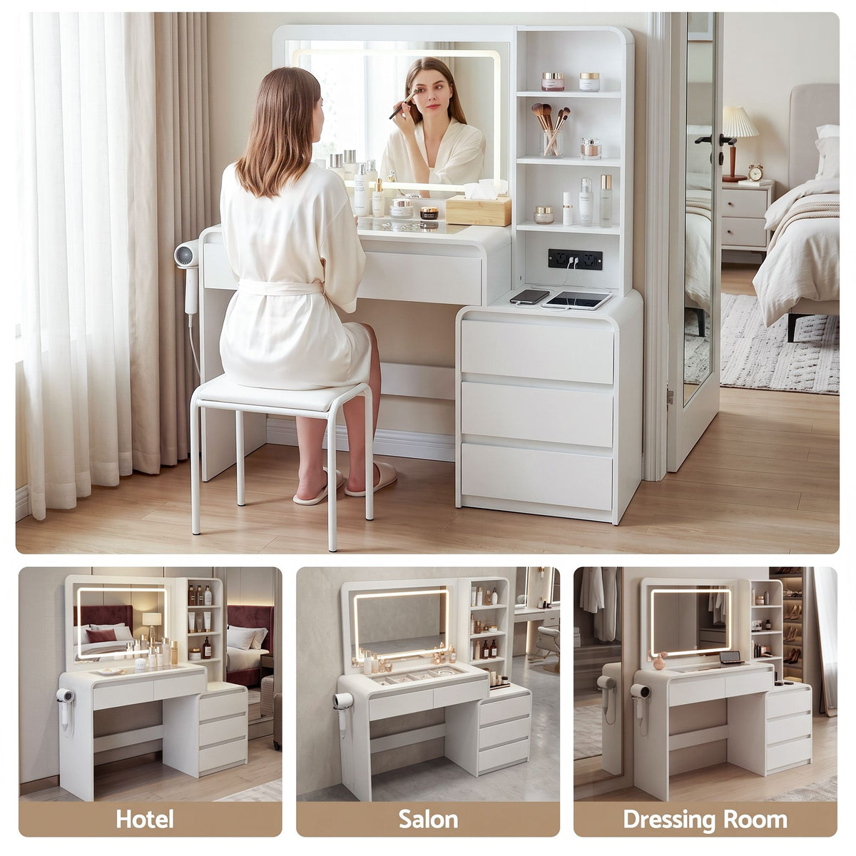 Artiss Dressing Table Makeup Vanity Desk LED Mirror Drawers Charging White