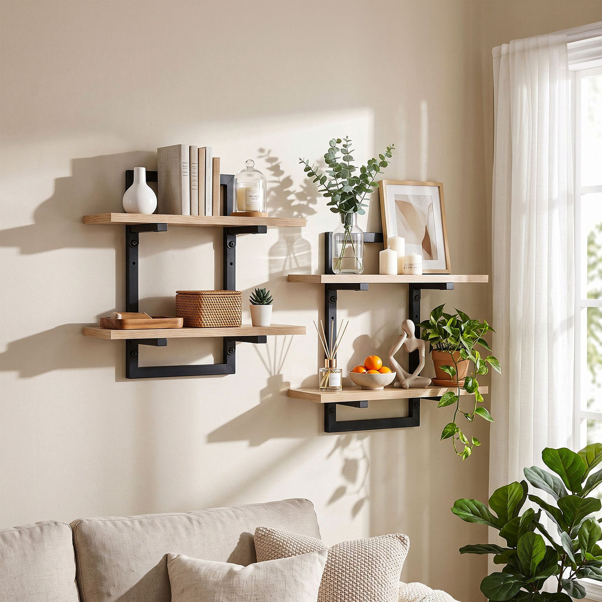 Artiss Set of 2 Floating 2-Tier Wall-Mounted Display Ledge Wood & Metal