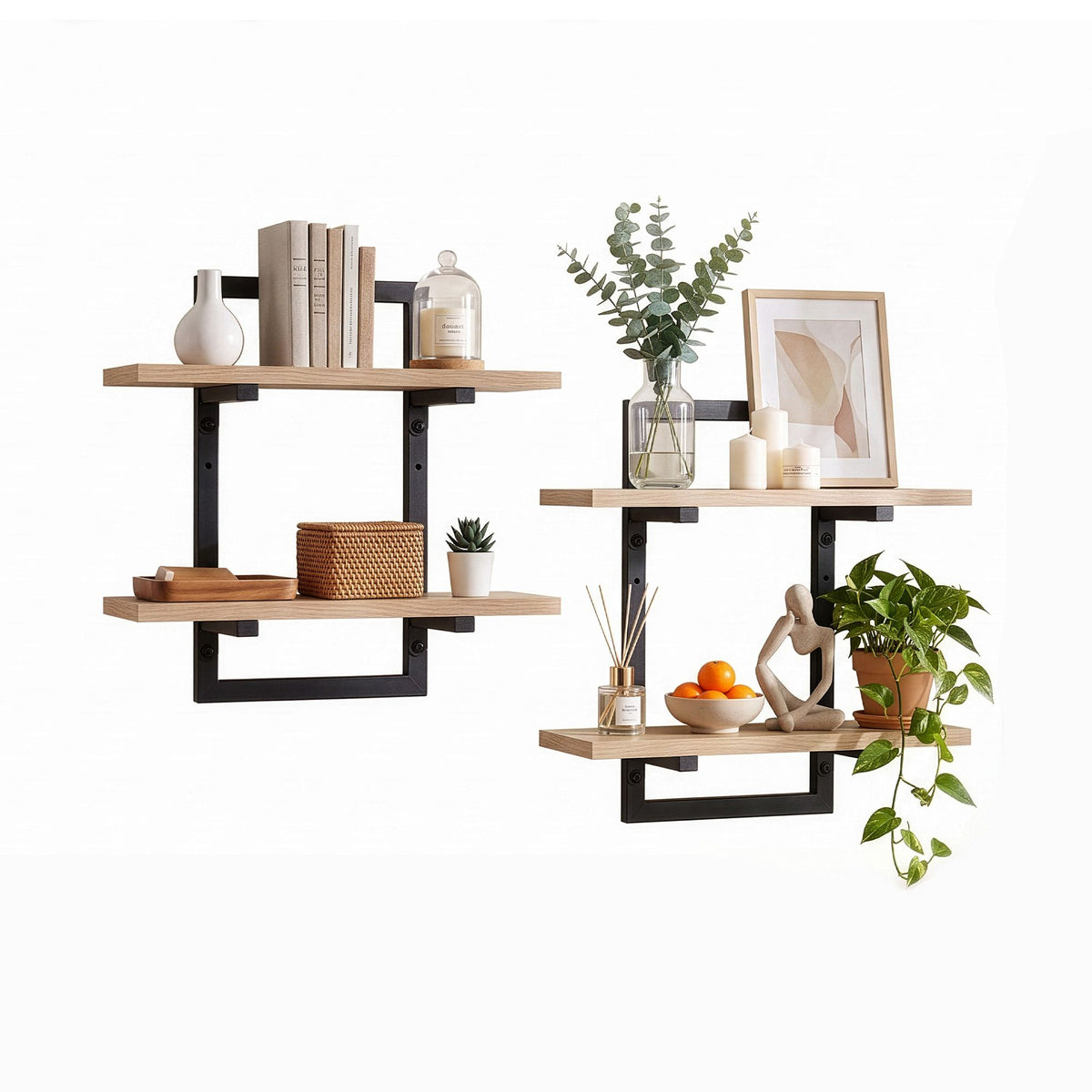 Artiss Set of 2 Floating 2-Tier Wall-Mounted Display Ledge Wood & Metal