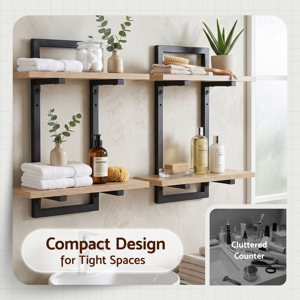 Artiss Set of 2 Floating 2-Tier Wall-Mounted Display Ledge Wood & Metal