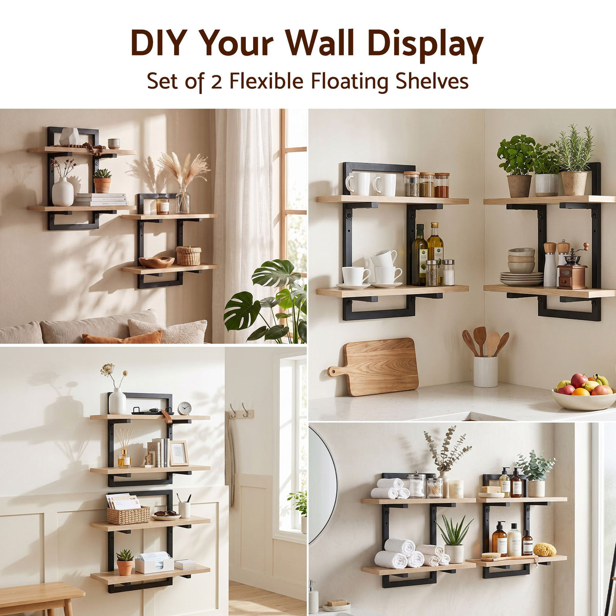 Artiss Set of 2 Floating 2-Tier Wall-Mounted Display Ledge Wood & Metal