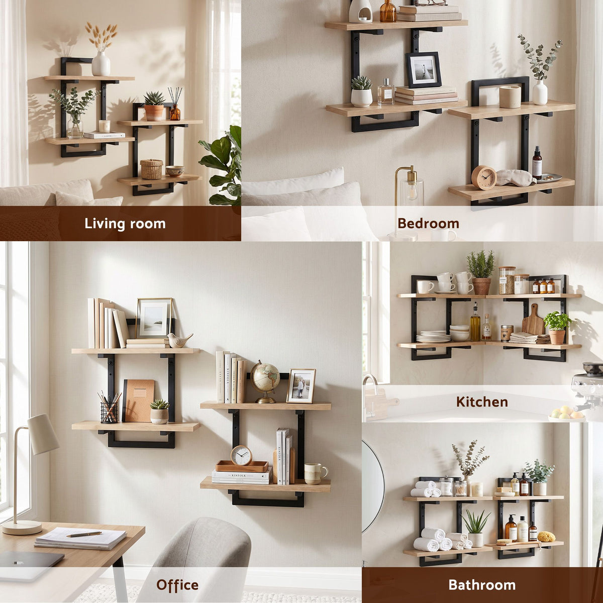 Artiss Set of 2 Floating 2-Tier Wall-Mounted Display Ledge Wood & Metal