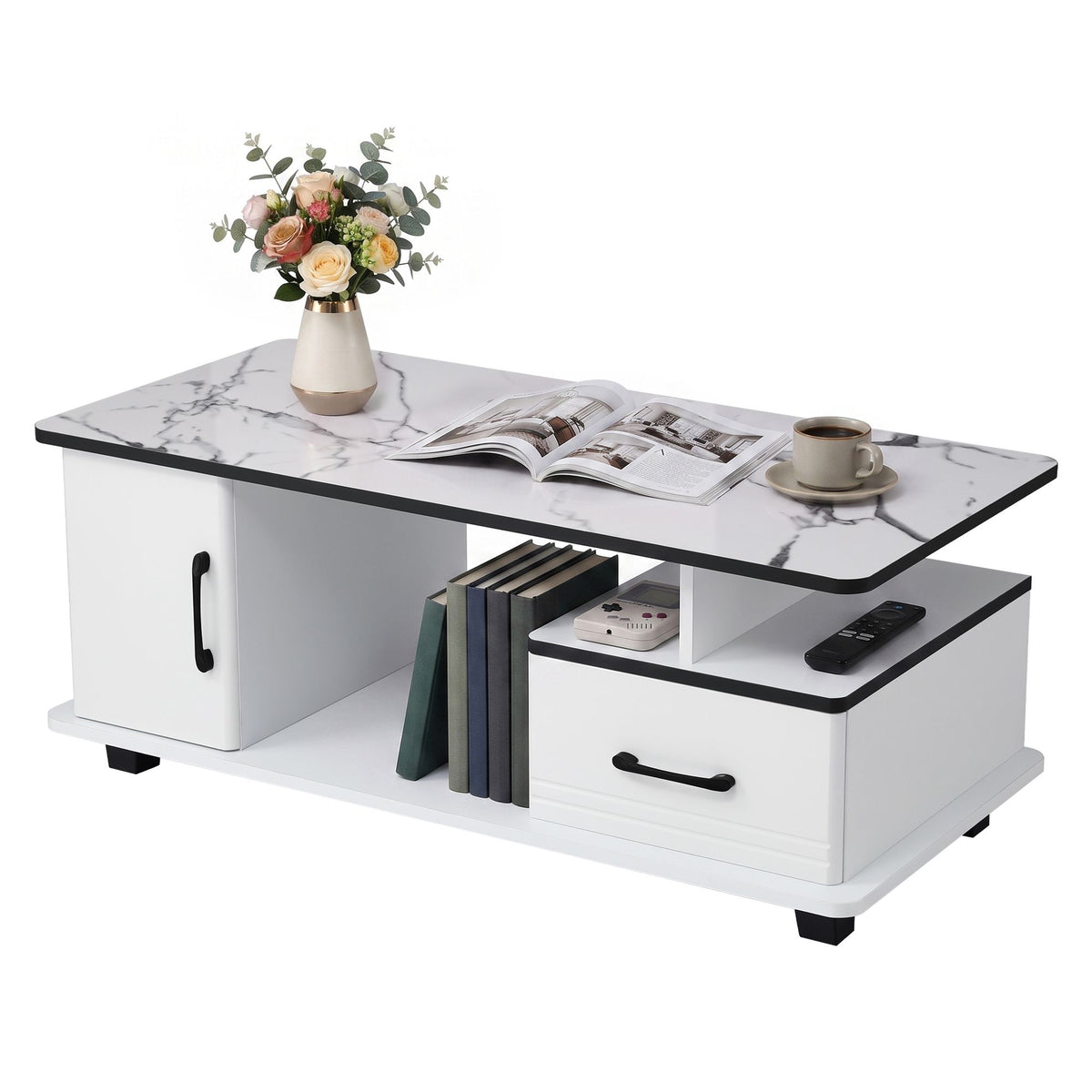 Artiss Coffee Table Marble Finish with Storage Drawer Cabinet Wood White