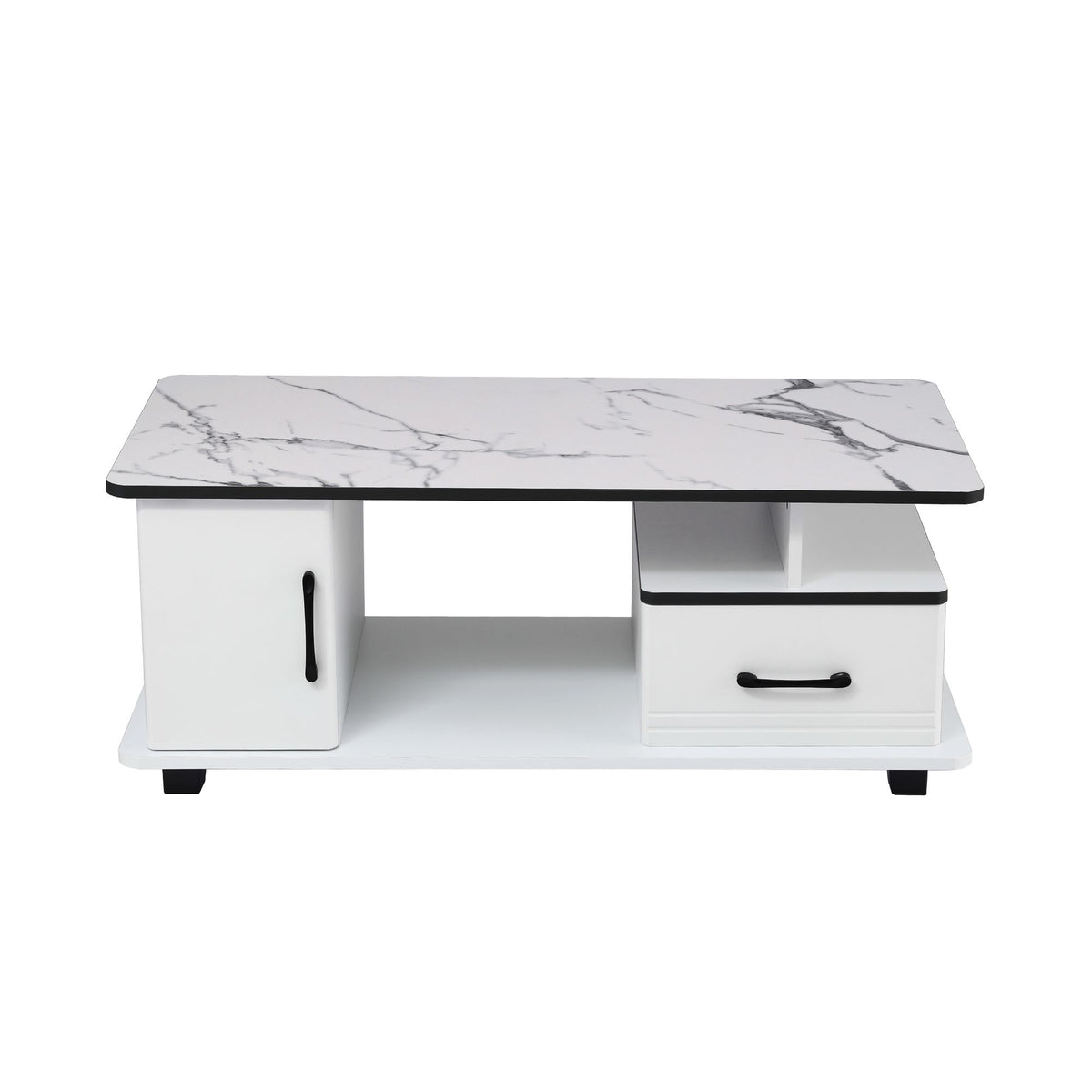 Artiss Coffee Table Marble Finish with Storage Drawer Cabinet Wood White