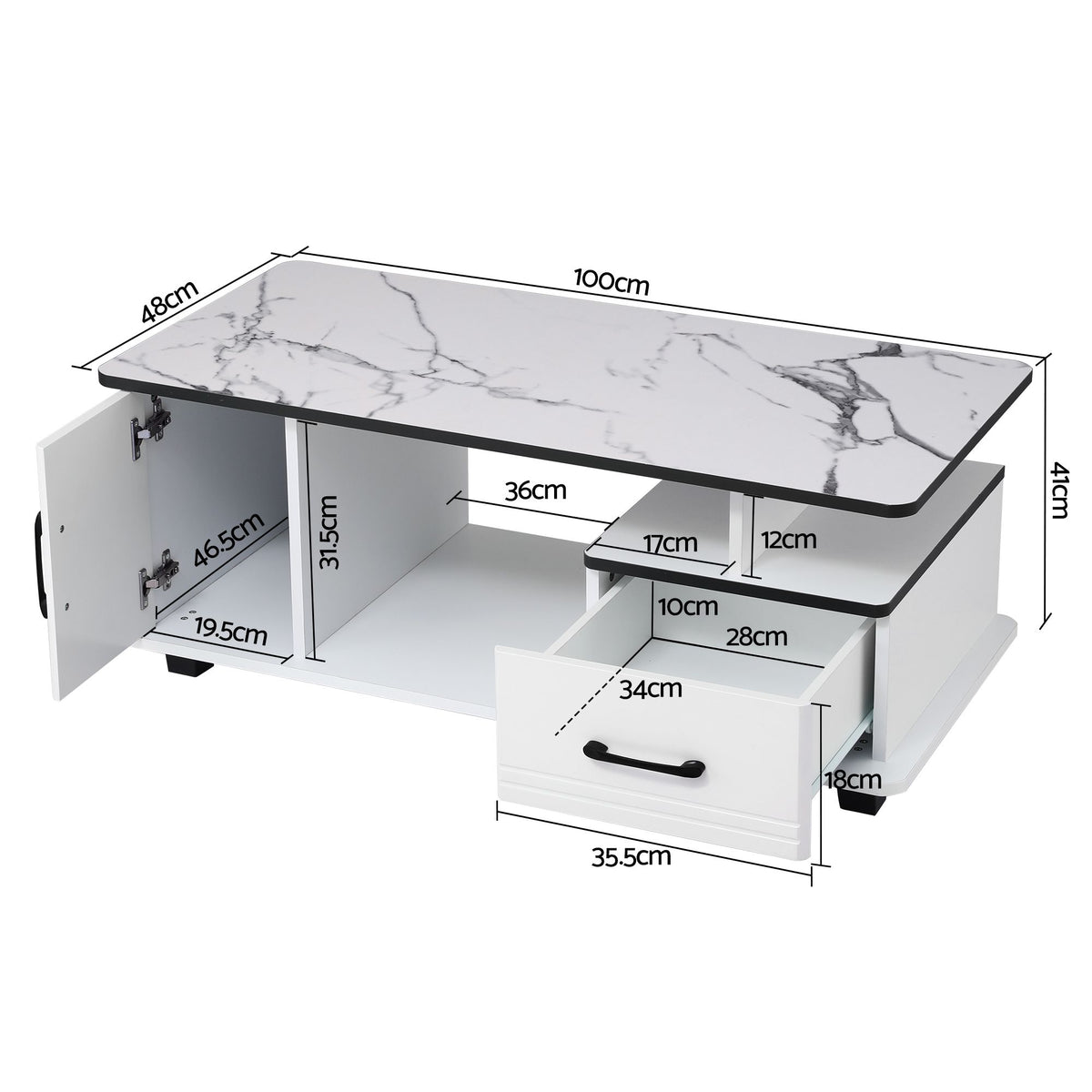Artiss Coffee Table Marble Finish with Storage Drawer Cabinet Wood White
