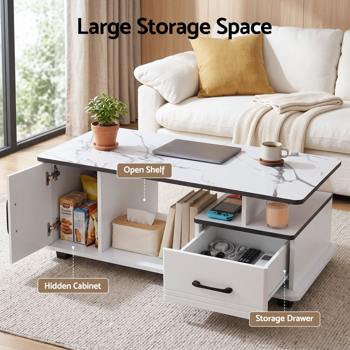 Artiss Coffee Table Marble Finish with Storage Drawer Cabinet Wood White