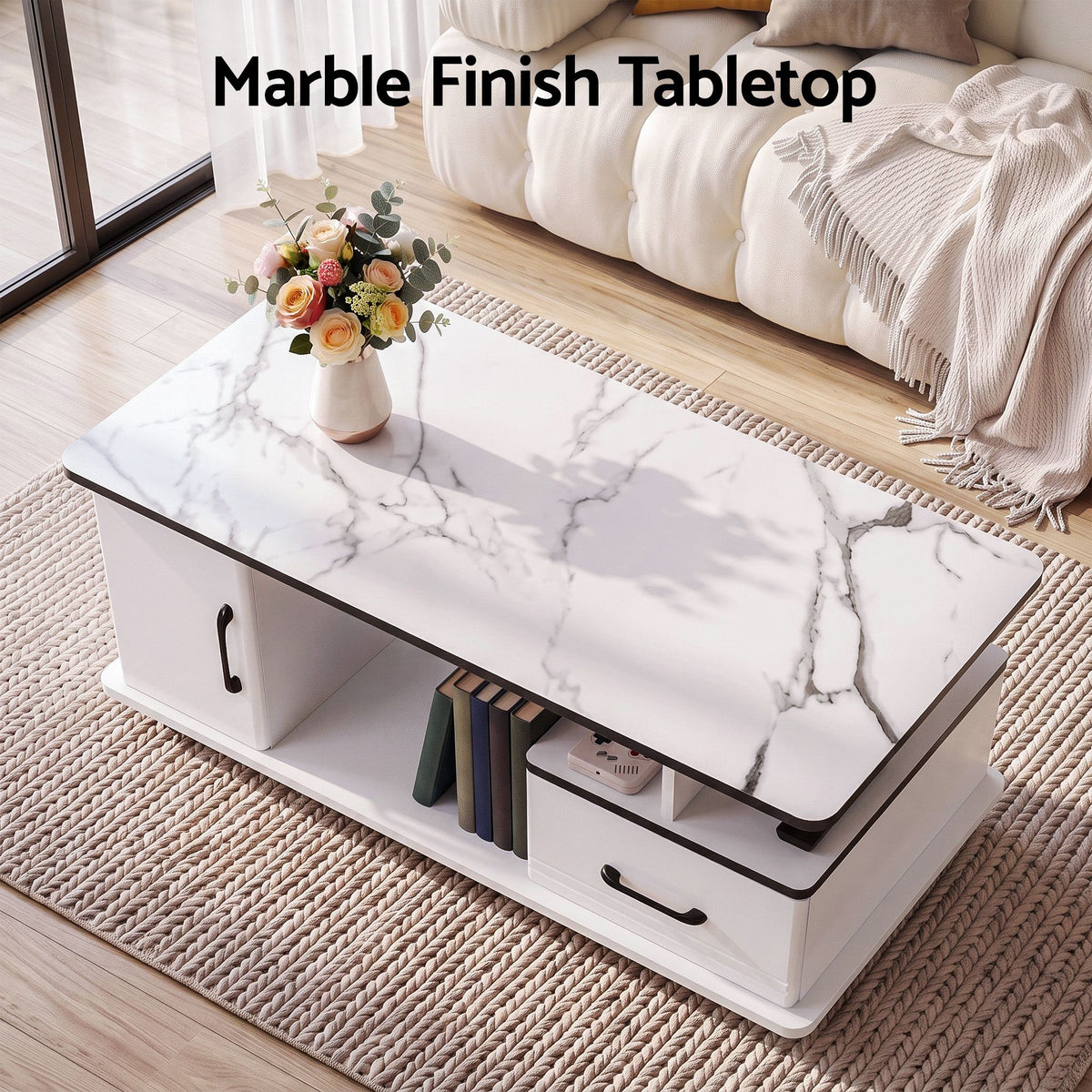 Artiss Coffee Table Marble Finish with Storage Drawer Cabinet Wood White