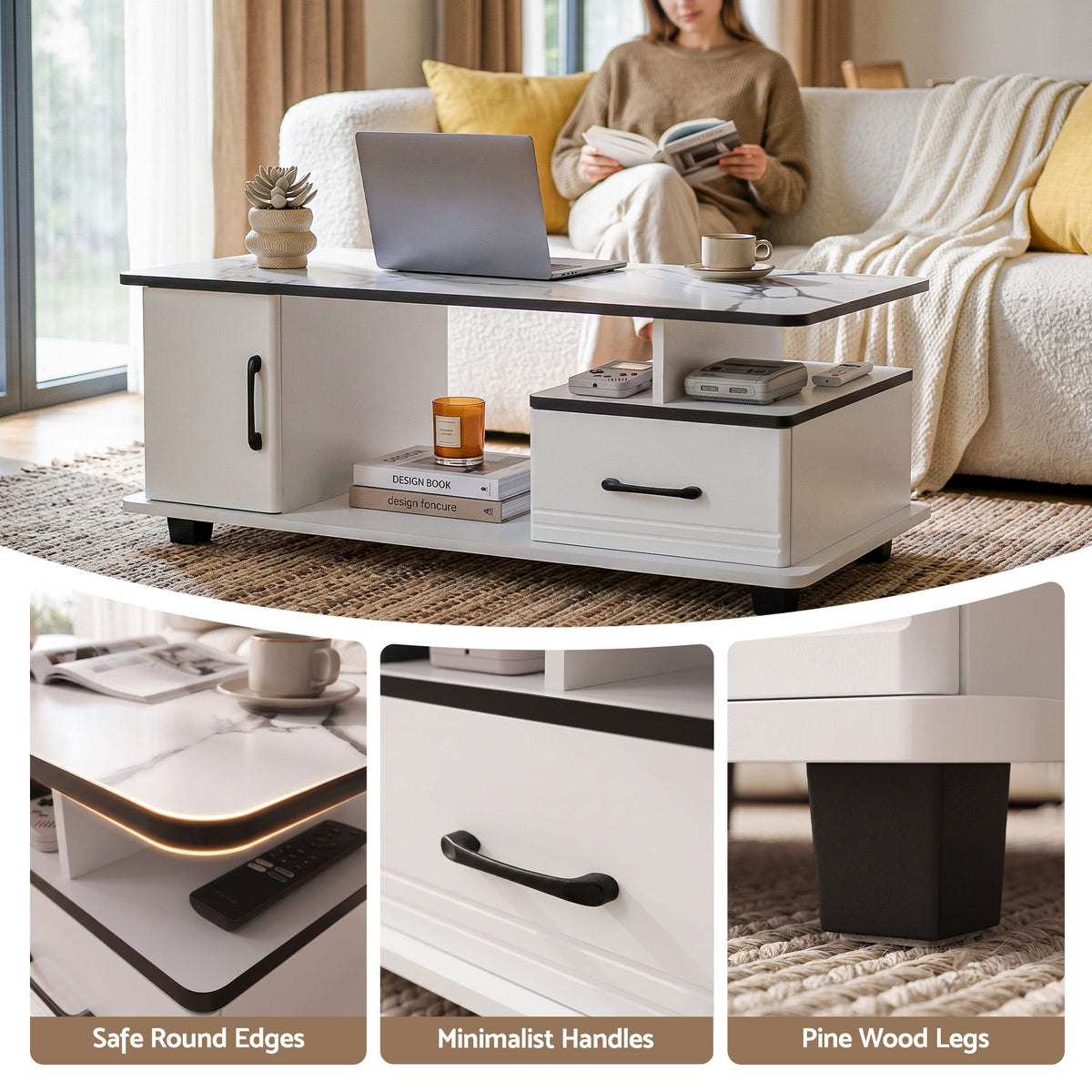 Artiss Coffee Table Marble Finish with Storage Drawer Cabinet Wood White