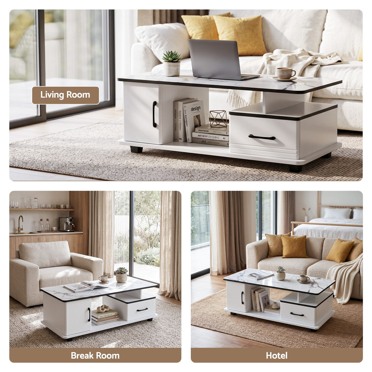 Artiss Coffee Table Marble Finish with Storage Drawer Cabinet Wood White