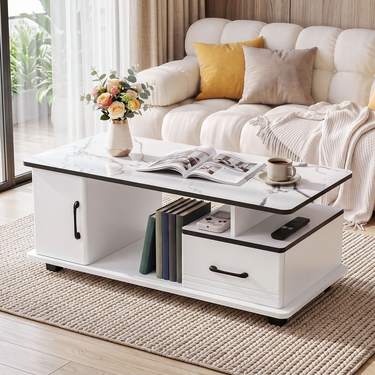 Artiss Coffee Table Marble Finish with Storage Drawer Cabinet Wood White
