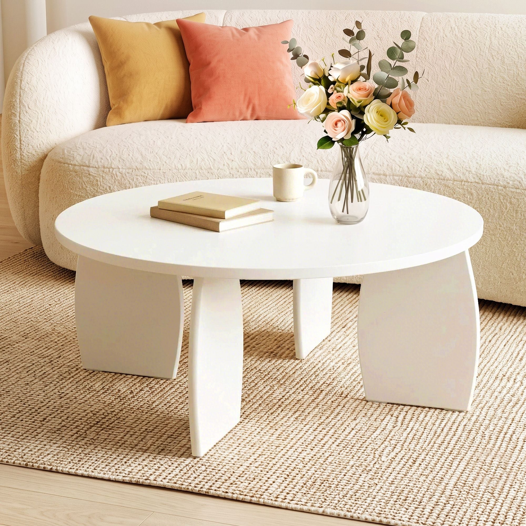 Artiss Round Coffee Table High-Gloss Minimalist Living Room 78x35cm Cream White