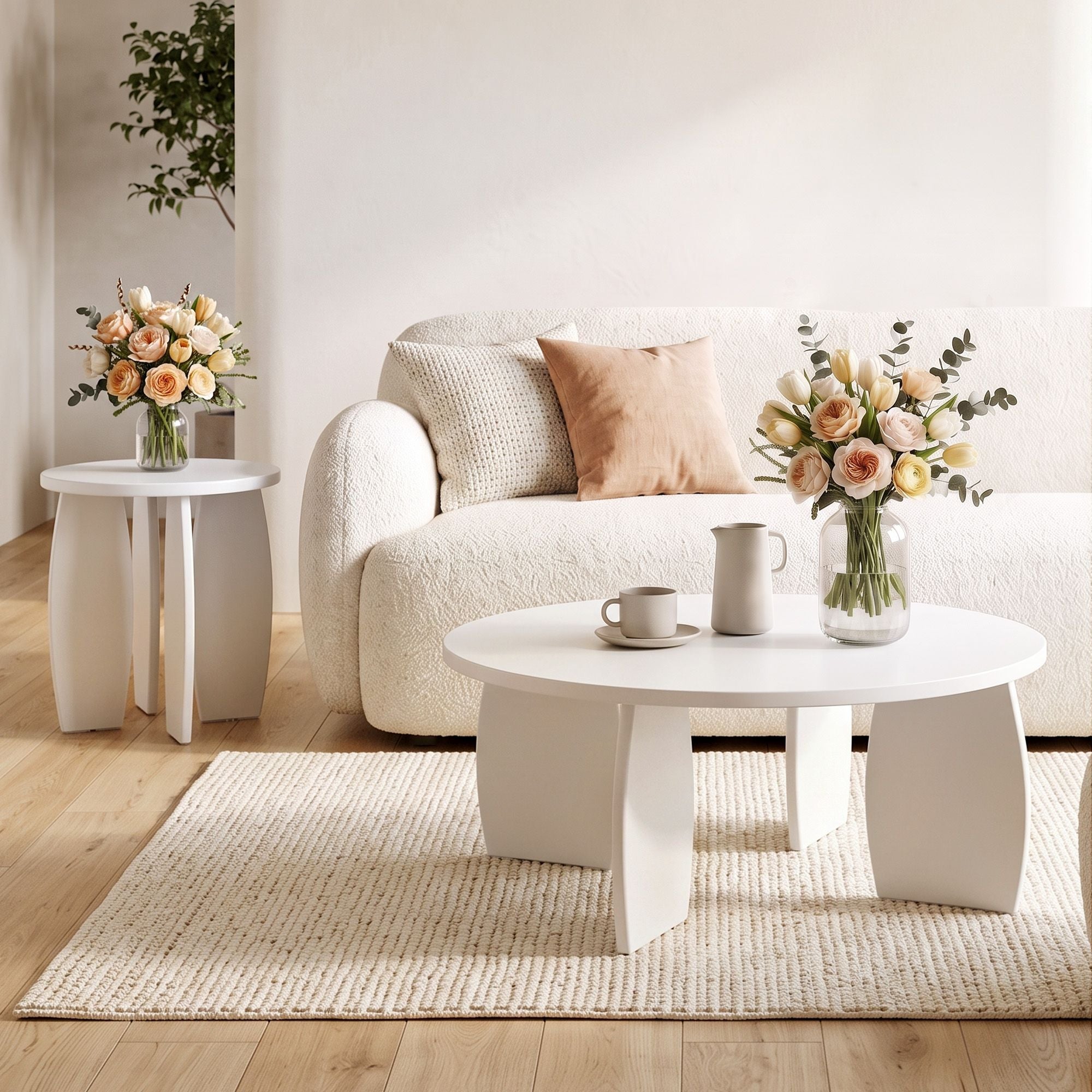 Artiss Coffee Table Set of 2 High Gloss Round Side Bedside Table Cream
