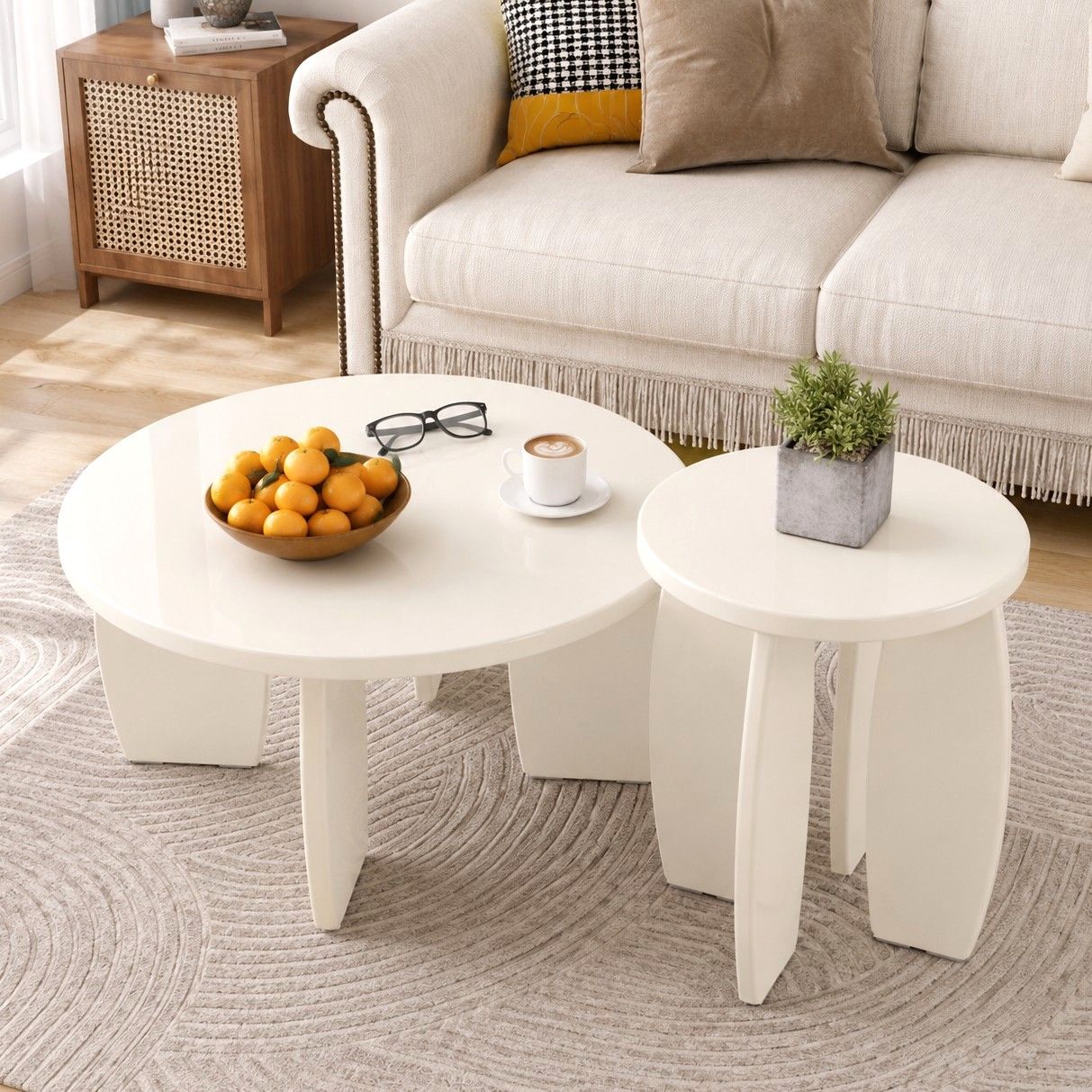 Artiss Coffee Table Set of 2 High Gloss Round Side Bedside Table Cream