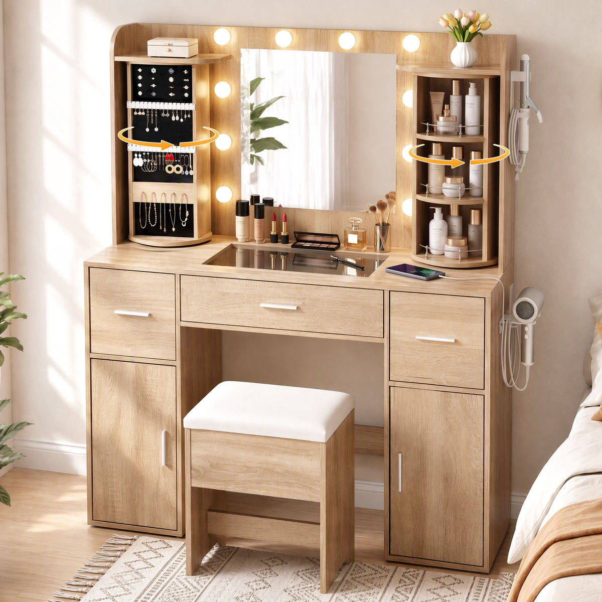 Artiss Dressing Table Vanity LED Mirror Stool Set Charging Station Wood