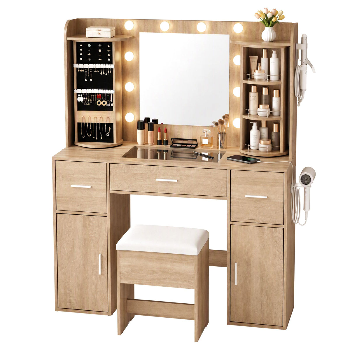 Artiss Dressing Table Vanity LED Mirror Stool Set Charging Station Wood