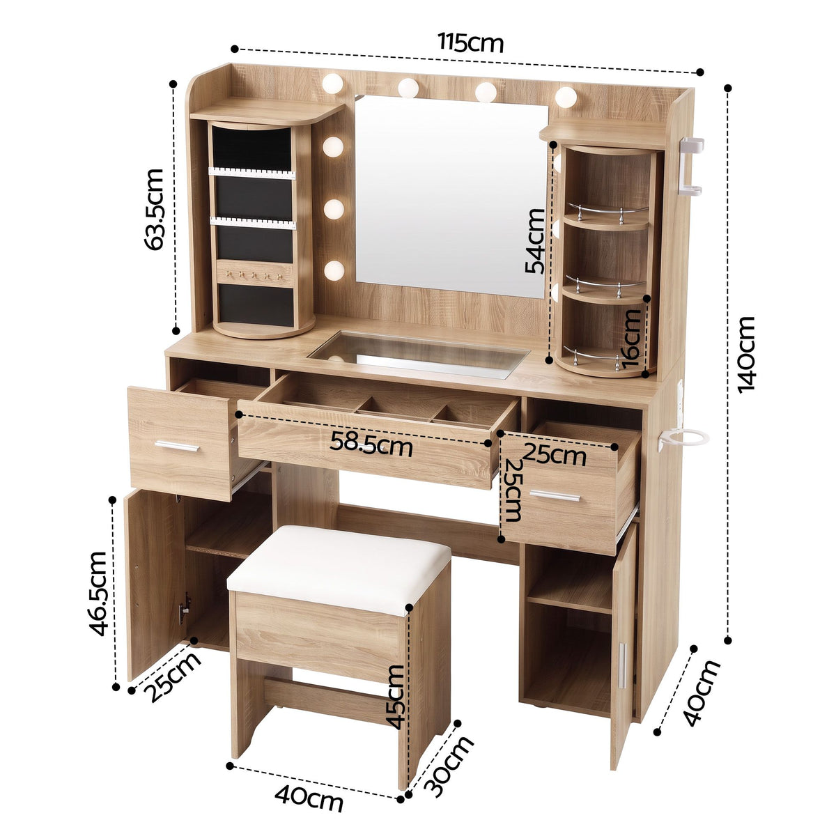 Artiss Dressing Table Vanity LED Mirror Stool Set Charging Station Wood