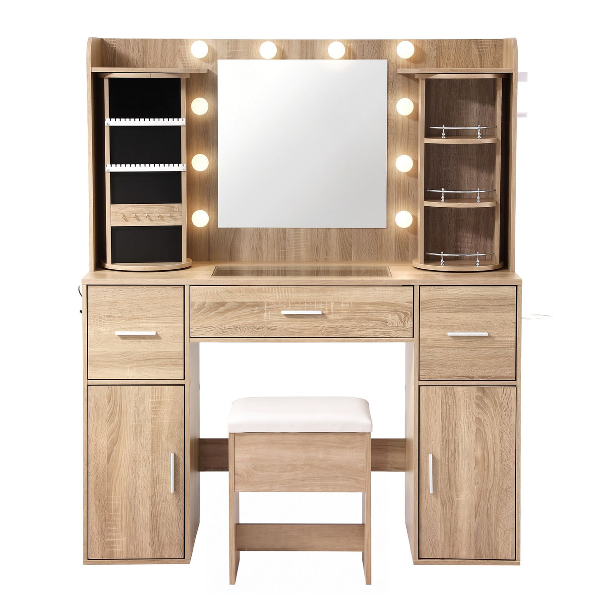 Artiss Dressing Table Vanity LED Mirror Stool Set Charging Station Wood