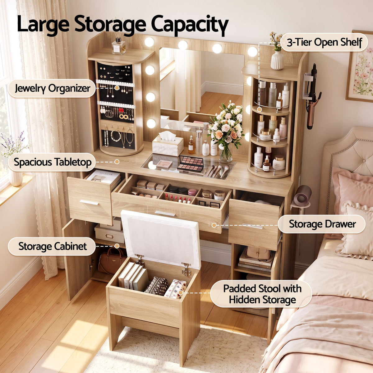 Artiss Dressing Table Vanity LED Mirror Stool Set Charging Station Wood
