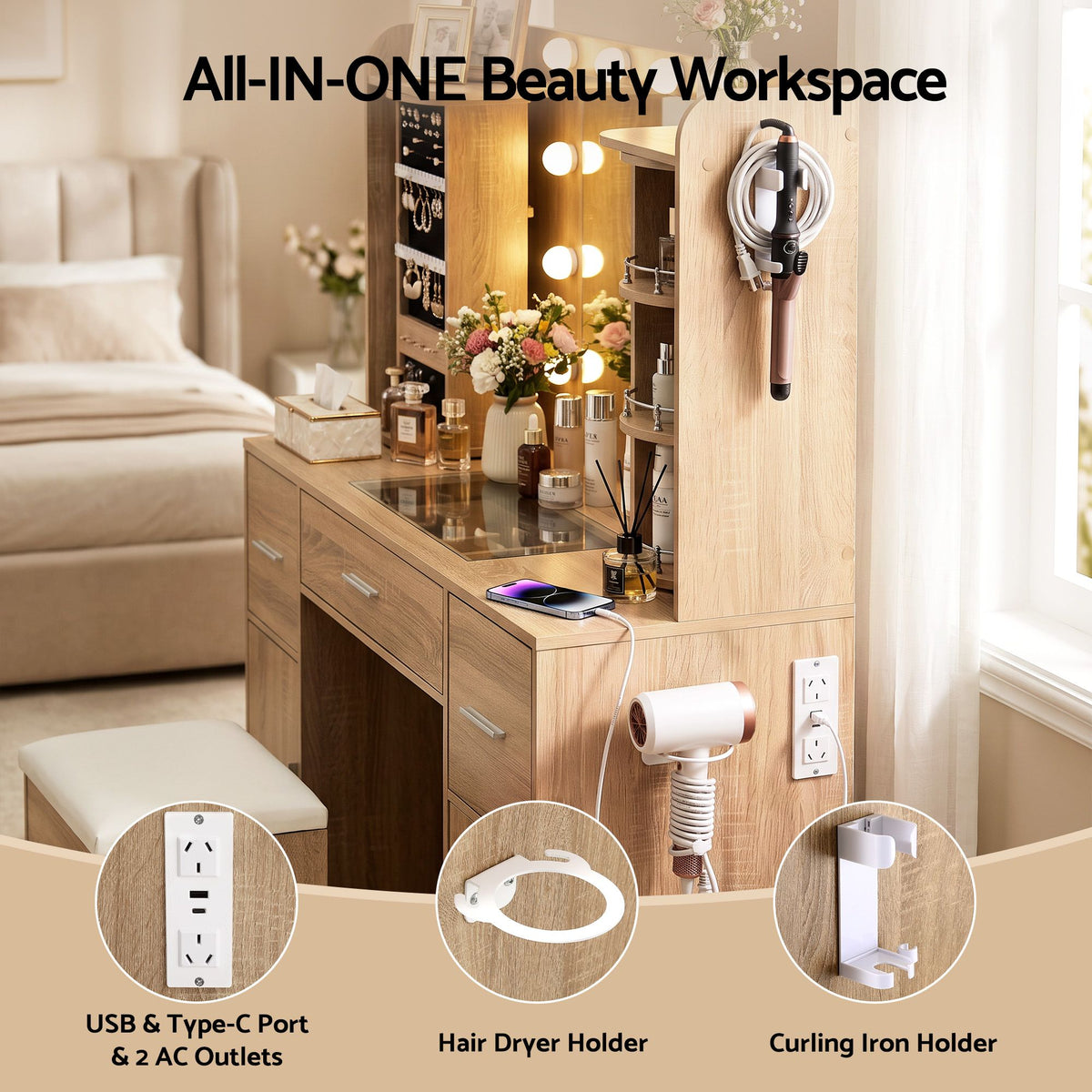 Artiss Dressing Table Vanity LED Mirror Stool Set Charging Station Wood
