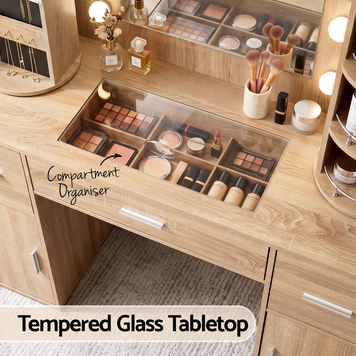 Artiss Dressing Table Vanity LED Mirror Stool Set Charging Station Wood
