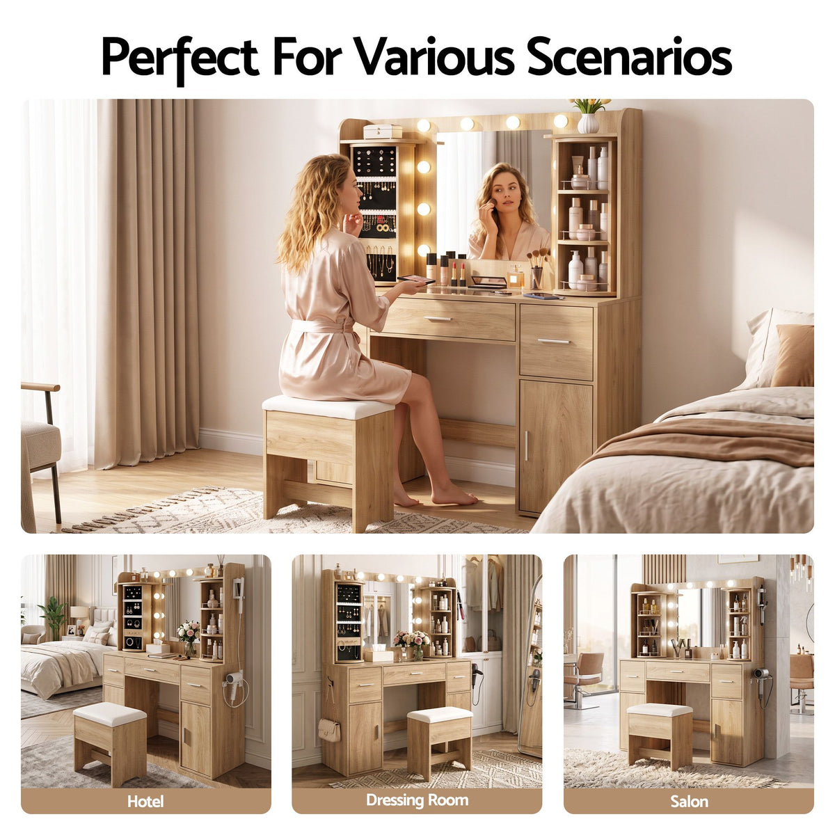 Artiss Dressing Table Vanity LED Mirror Stool Set Charging Station Wood