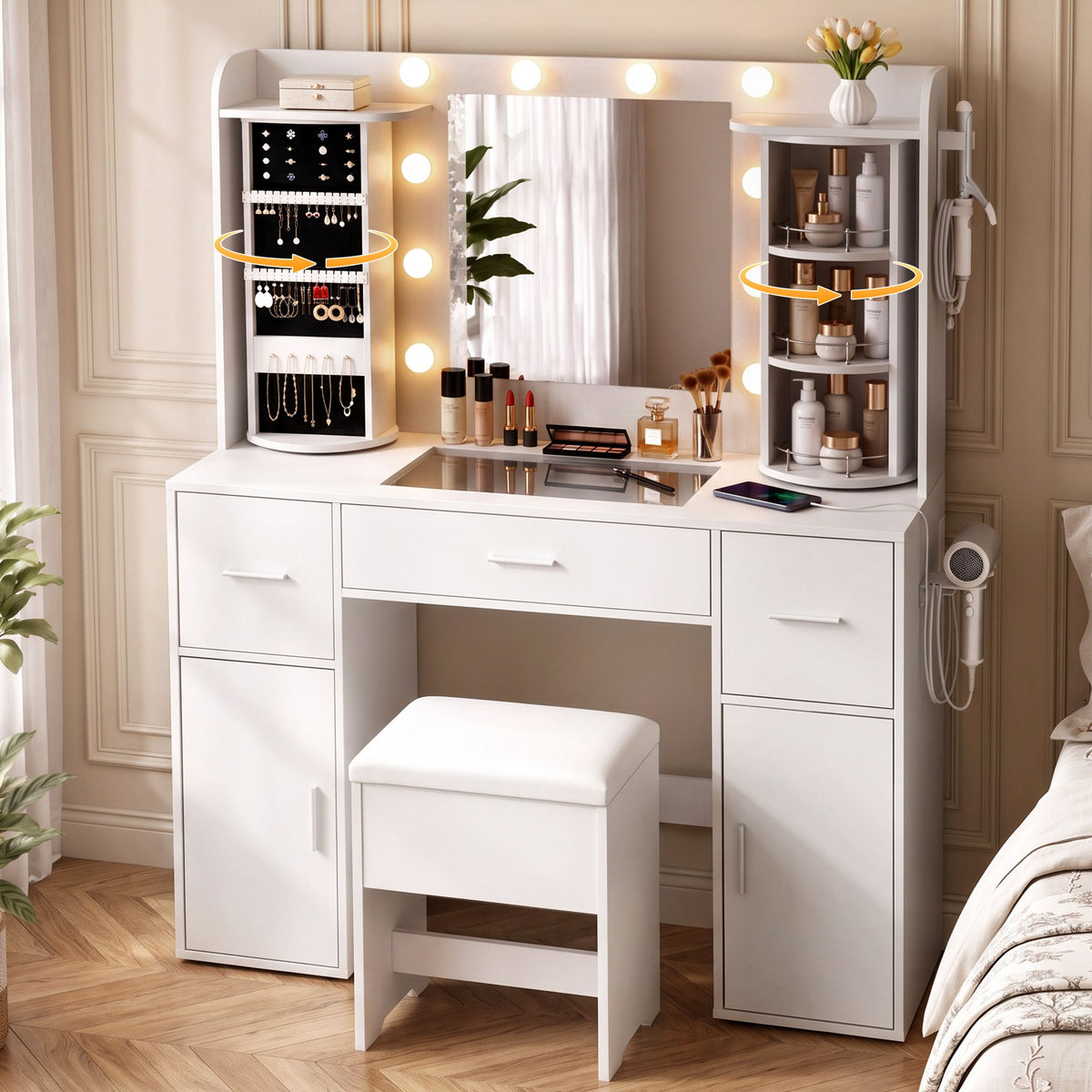 Artiss Dressing Table Vanity LED Mirror Stool Set Charging Station White