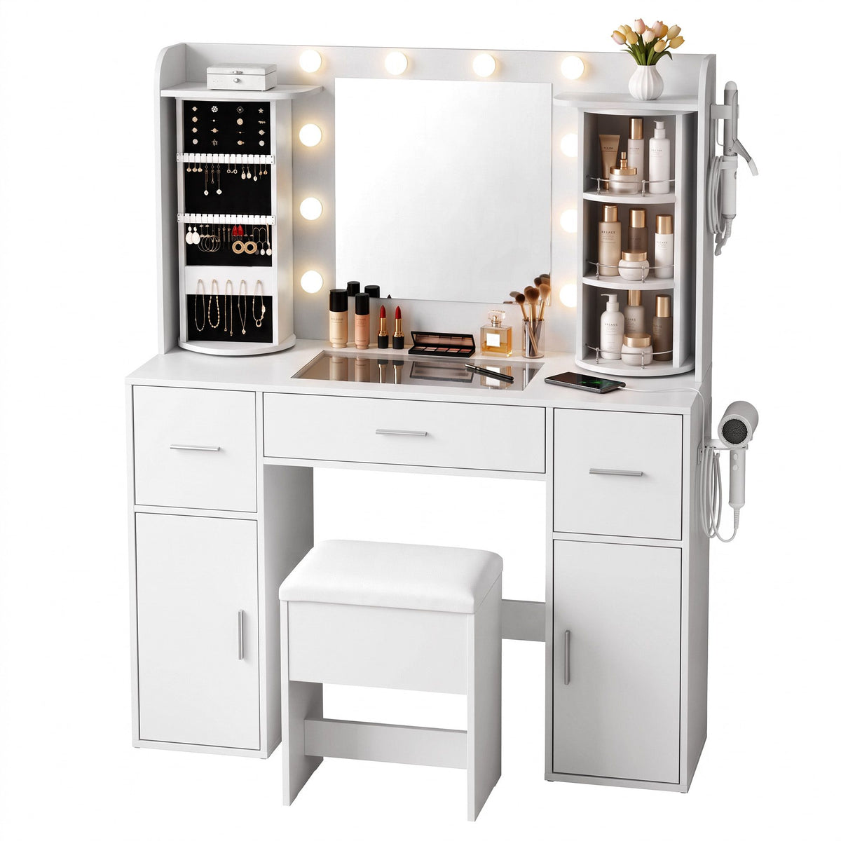 Artiss Dressing Table Vanity LED Mirror Stool Set Charging Station White