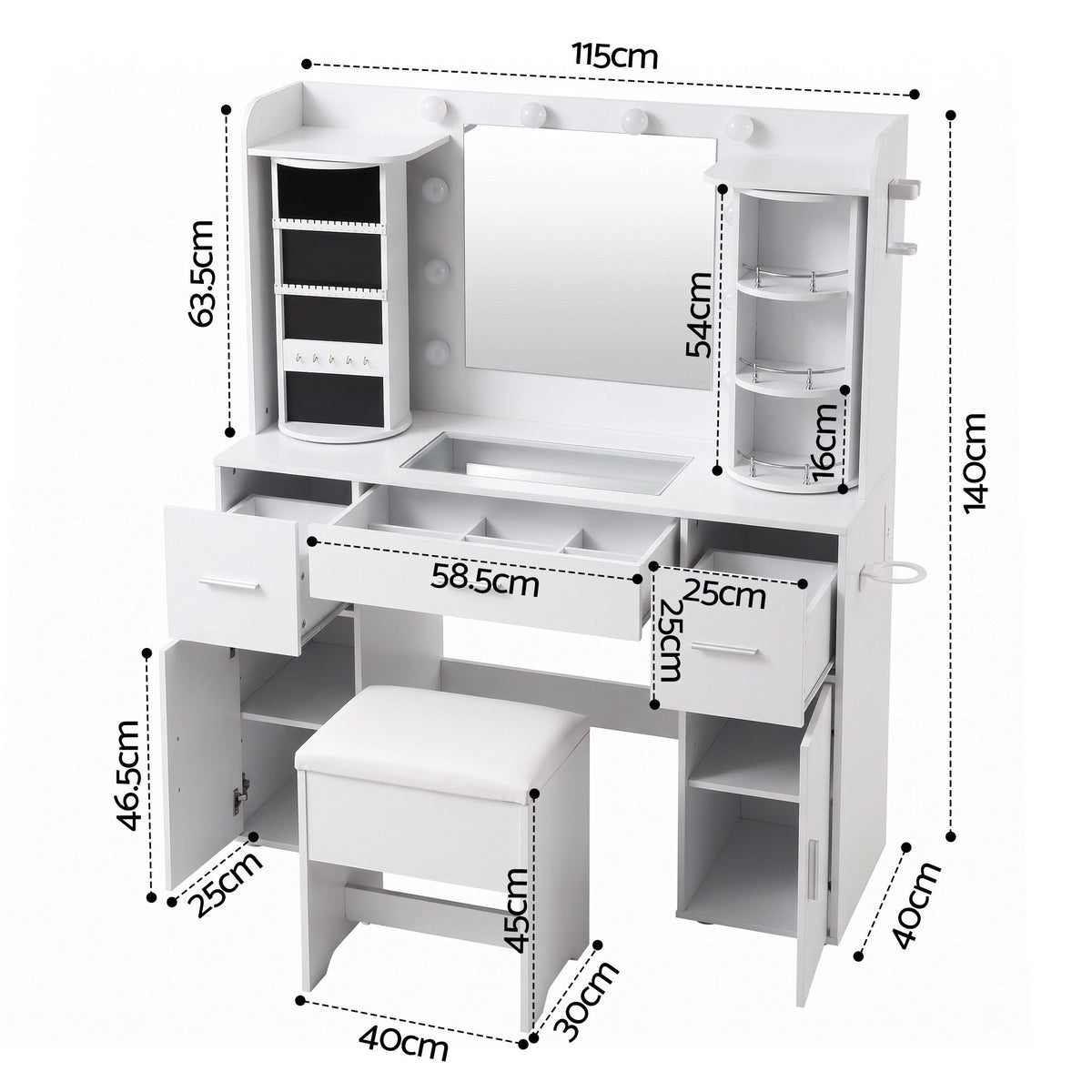 Artiss Dressing Table Vanity LED Mirror Stool Set Charging Station White