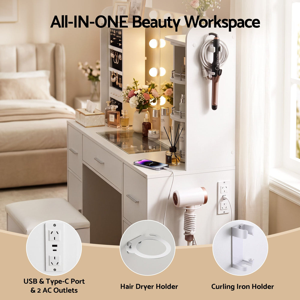 Artiss Dressing Table Vanity LED Mirror Stool Set Charging Station White