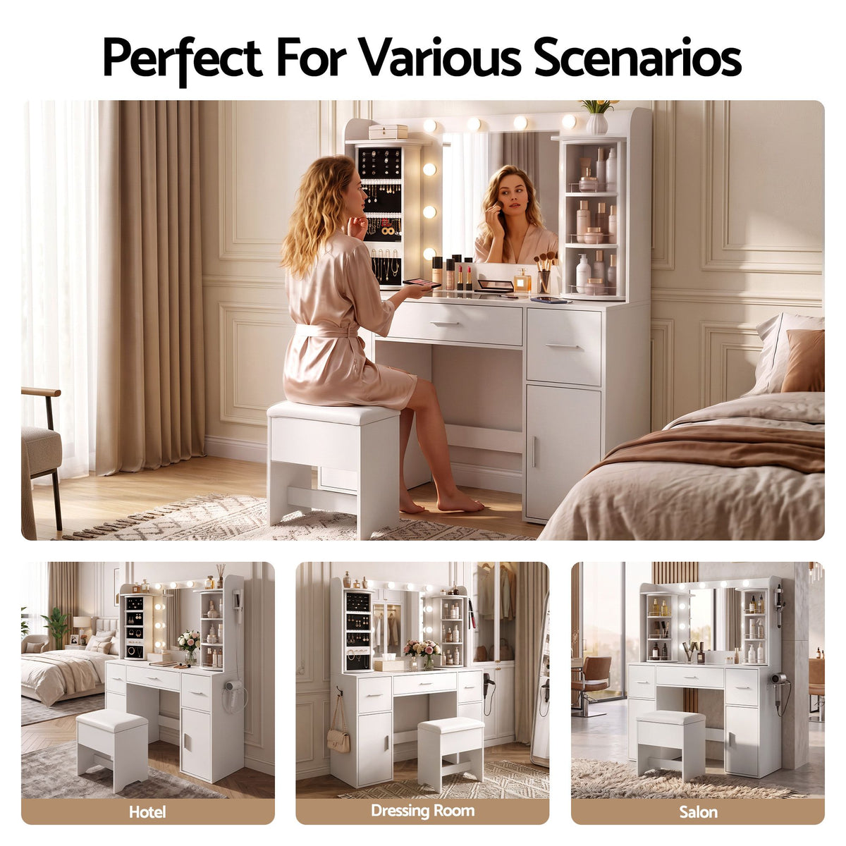 Artiss Dressing Table Vanity LED Mirror Stool Set Charging Station White