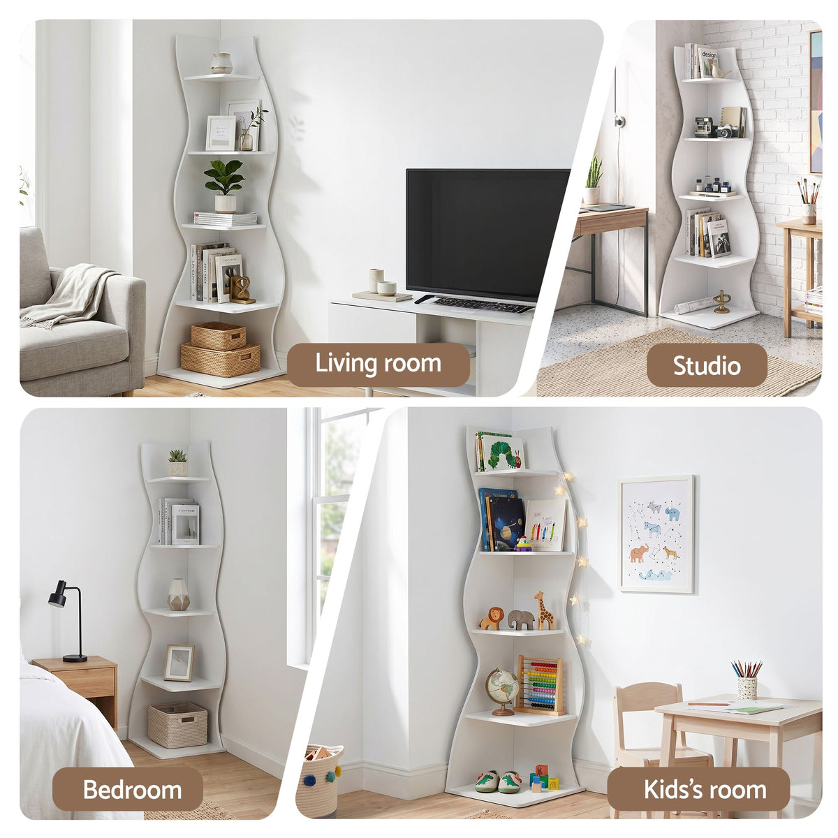 Artiss 5-Tier Bookshelf Corner Shelf S-shaped Storage Rack White
