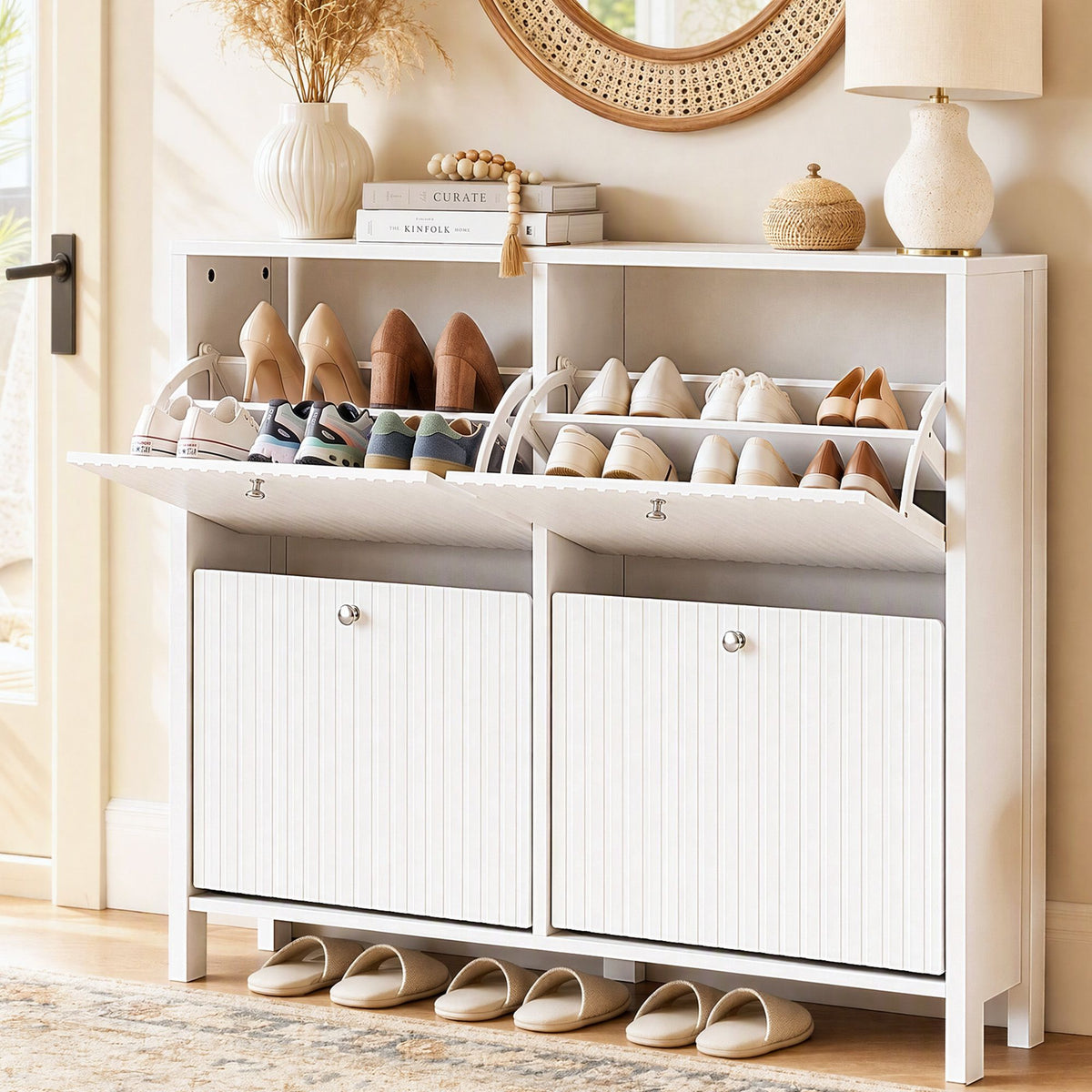 Artiss Shoe Cabinet 4 Flip Drawers Fluted Style Adjustable Shelves 40kg White