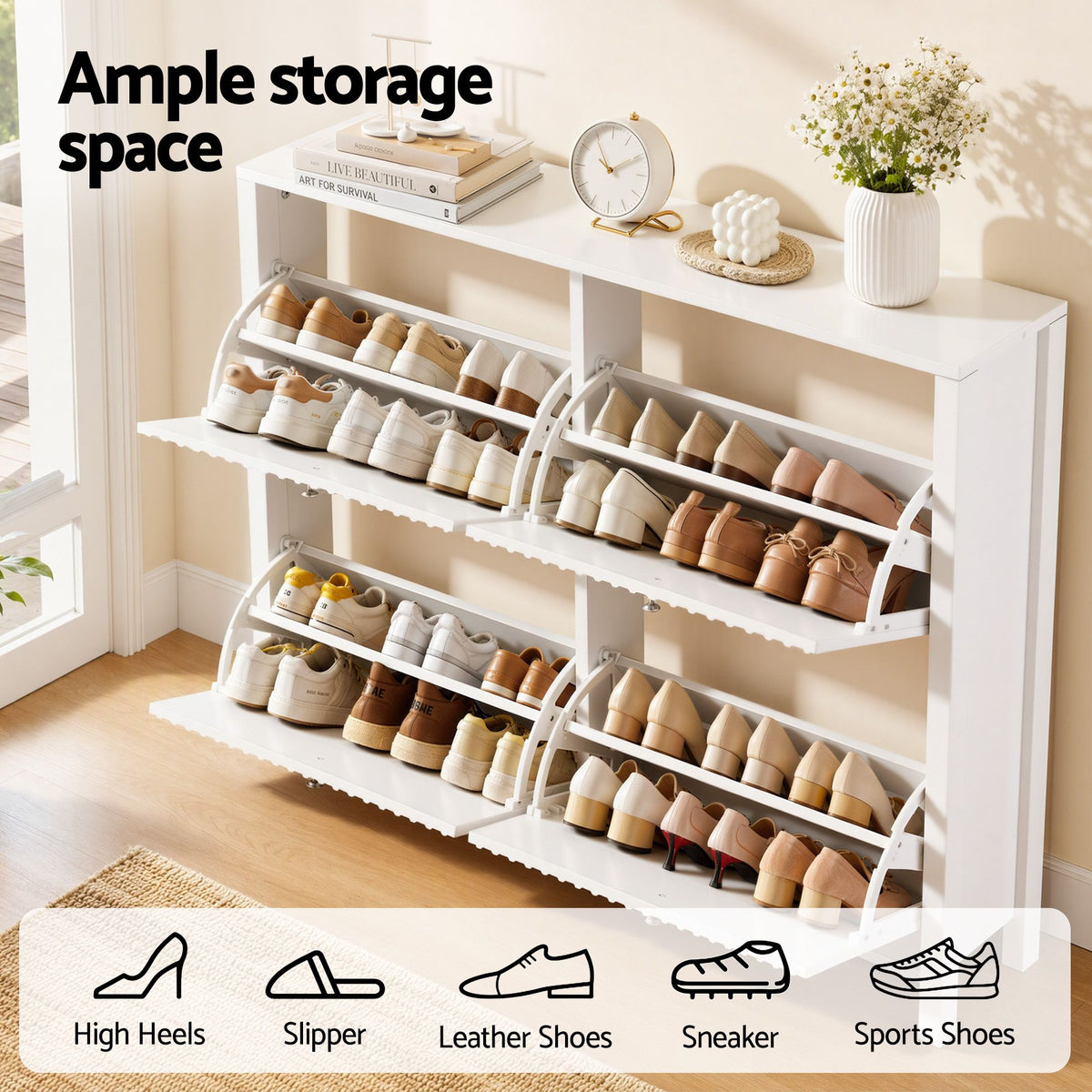 Artiss Shoe Cabinet 4 Flip Drawers Fluted Style Adjustable Shelves 40kg White