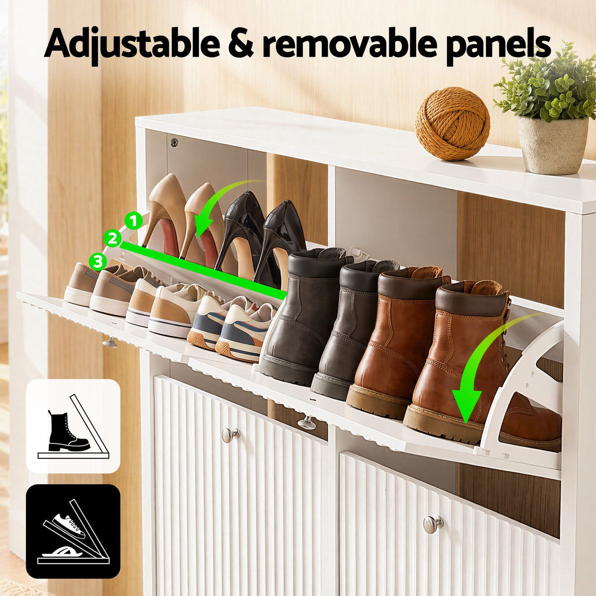 Artiss Shoe Cabinet 4 Flip Drawers Fluted Style Adjustable Shelves 40kg White