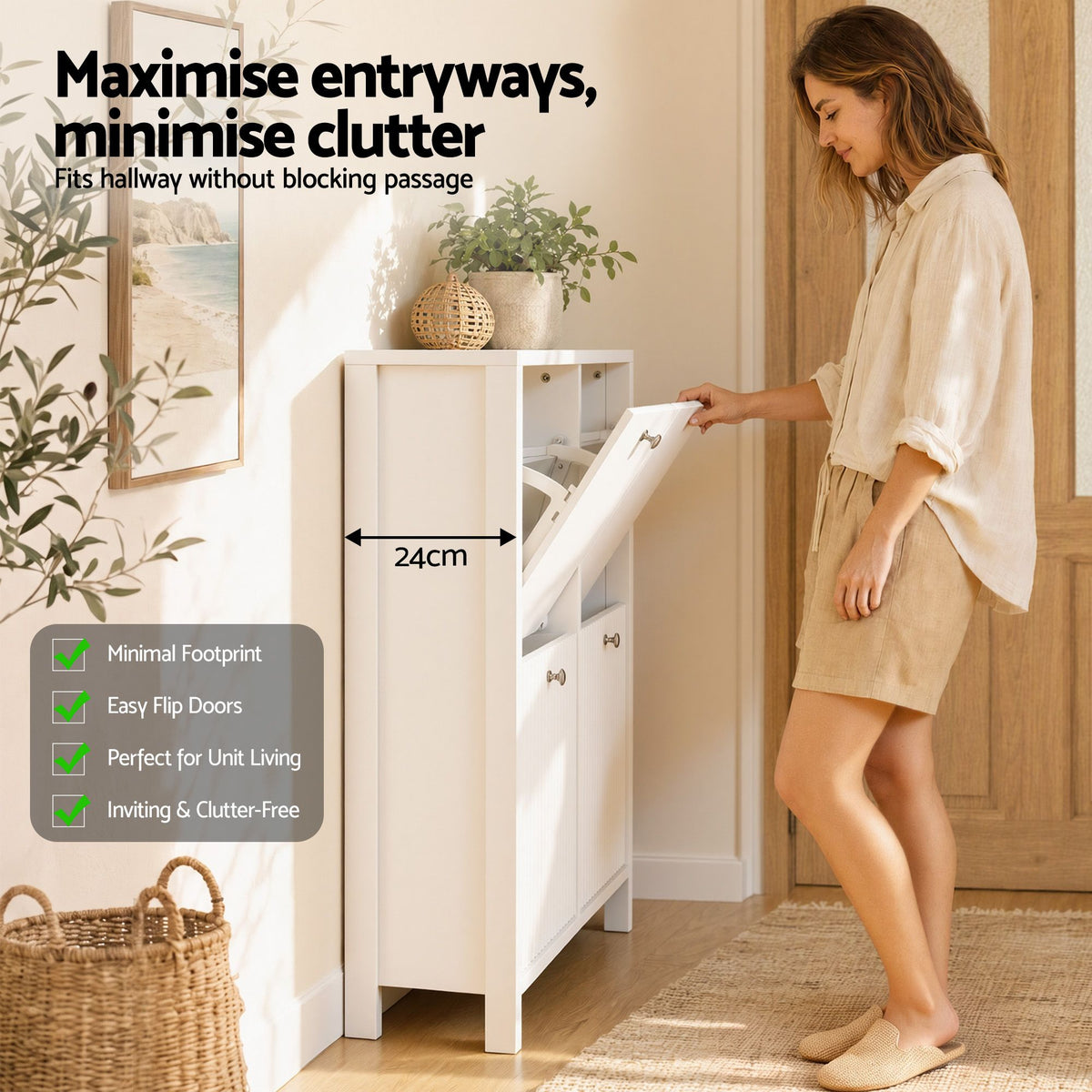 Artiss Shoe Cabinet 4 Flip Drawers Fluted Style Adjustable Shelves 40kg White